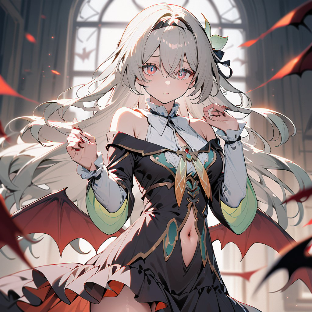 1girl,solo,wings,long hair,navel,red eyes,blood,looking at viewer,window,bangs,bare shoulders,long sleeves,floating hair,off shoulder,hair between eyes,hands up,vampire,dress,groin,white shirt,red wings,shirt,blurry background,demon wings,bat wings,blurry,very long hair,grey hair,black dress,no panties,firefly