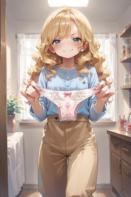 score_9, score_8_up,  highly detailed, 1girl, (holding panties), ((smirk, blush)),   blonde hair,  wavy hair, indoors,  <lora:holding_panties_PDXL_768_dim32-a1-adamW-000008:0.6>