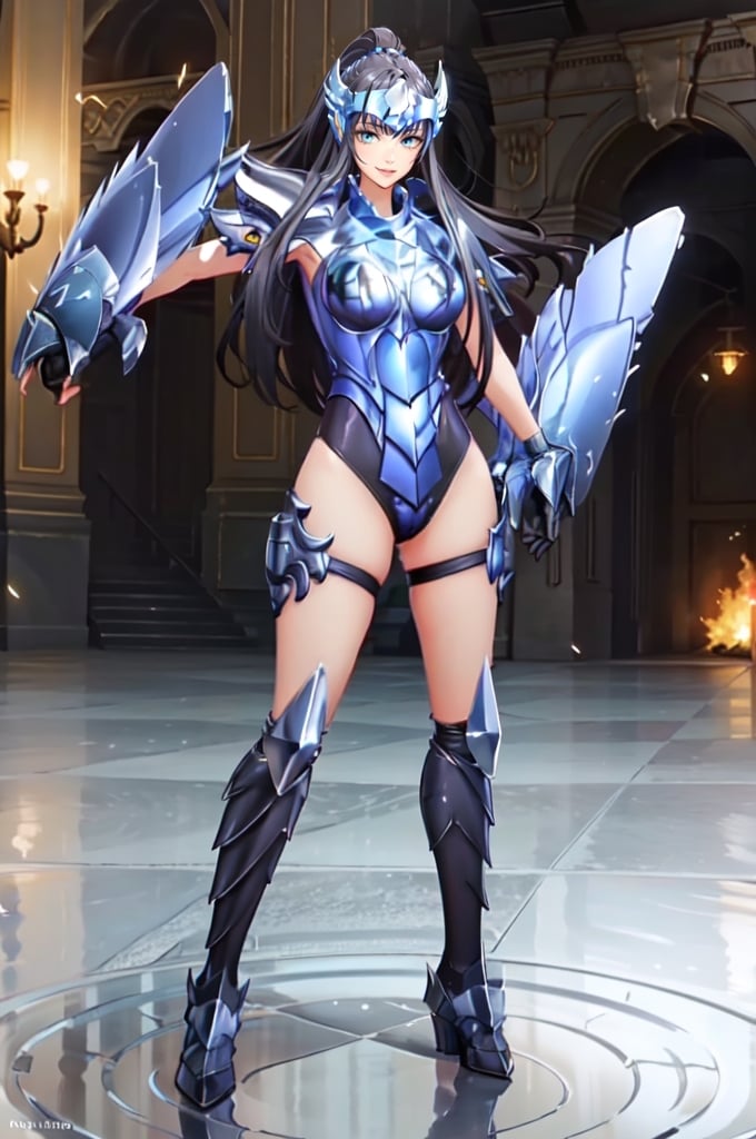 (full body:1.2), (dynamic pose:1.2), smile,  (cowboy shot:1.4), partita, 1milf, solo, black hair, boots, long hair, armor, boots, armored boots, leotard, shoulder armor, breasts, very long hair, pauldrons,  ponytail, (gloves,:1.4) gauntlets, thigh strap,  Headwear, beautiful background, masterpiece, best quality, highres, <lora:partita-05:1> 