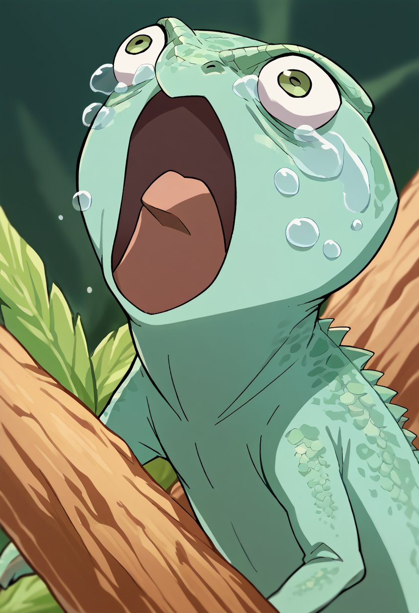 score_9, score_8_up, score_7_up, source_anime, Chameleon, lizard, back spikes, feral, scales, animal focus, no humans, aquascreaming, screaming, open mouth, crying with eyes open, <lora:ChamChameleonPonyXL:1>, <lora:concept_aquascreaming_ponyXL:1>