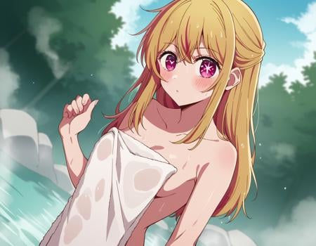 score_9, score_8_up, score_7_up, source_anime,rubyhoshino, <lora:ruby-hoshino-s1-ponyxl-lora-nochekaiser:1>,ruby hoshino, long hair, bangs, blonde hair, pink eyes, sidelocks, symbol-shaped pupils, multicolored hair, two-tone hair,nude, naked, outdoors, onsen, towel, naked towel, steam, bathing, nude cover, partially submerged, water, bath, steam censor, wet towel, blush,looking at viewer, cowboy shot, dutch angle, solo,