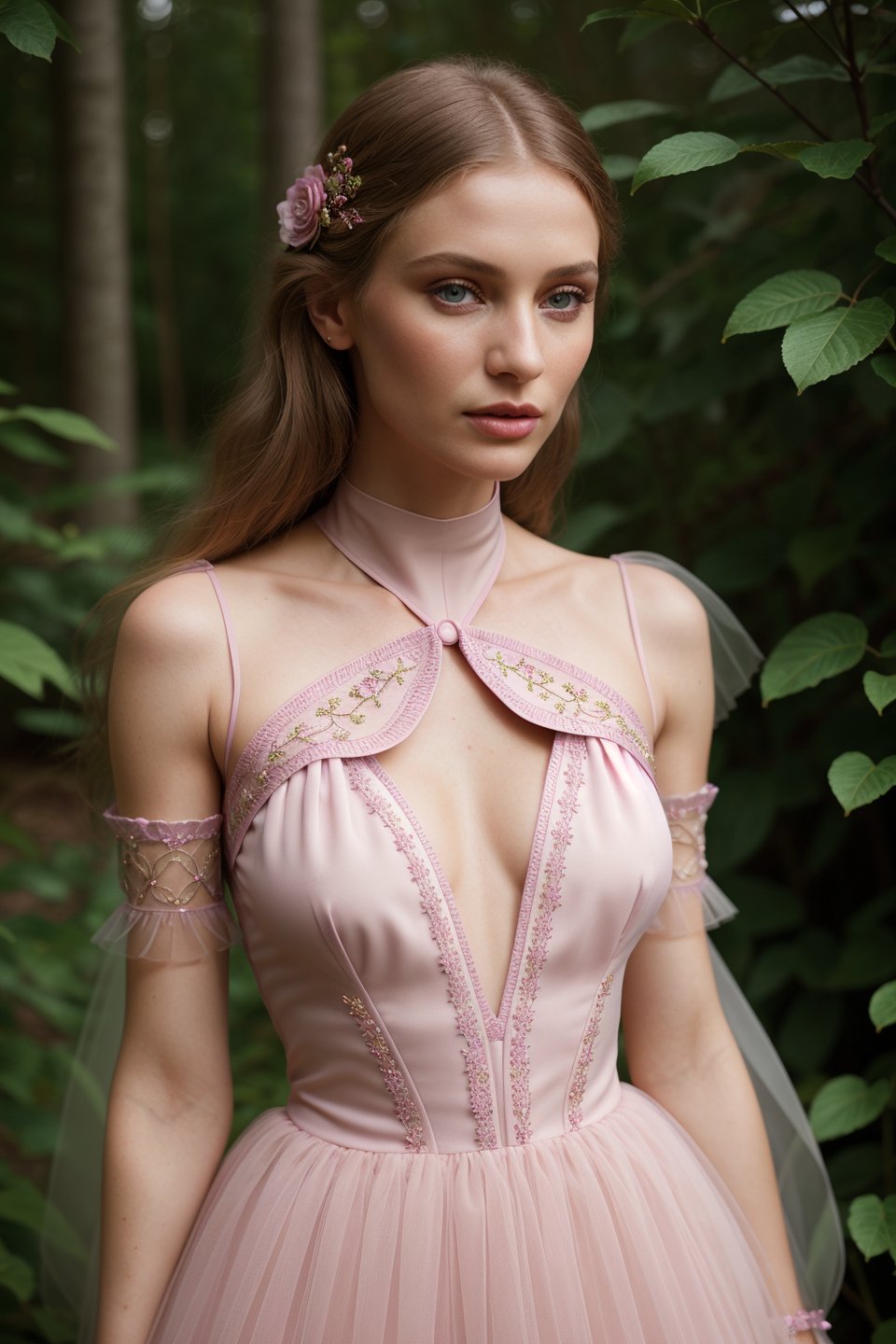 by Katerina Belkina, Fashion photography of a (supermodel:1.1) , she is Brilliant, dreamy magical atmosphere, she is dressed in fashion outfit, her fashion outfit is deep pink, It has argyle embroidery on it, rolled up sleeves, side lit, still, Nikon Z9, Depth of field 100mm, three colors, photo, ethereal, close-up