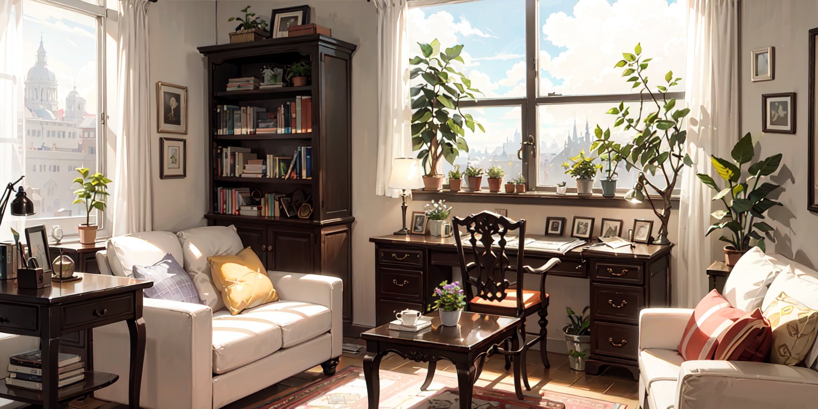 living room, couch, window, curtains, dappled sunlight, potted plant, table, cabinet,bookshelf, paper, desk lamp, typewriter, garden