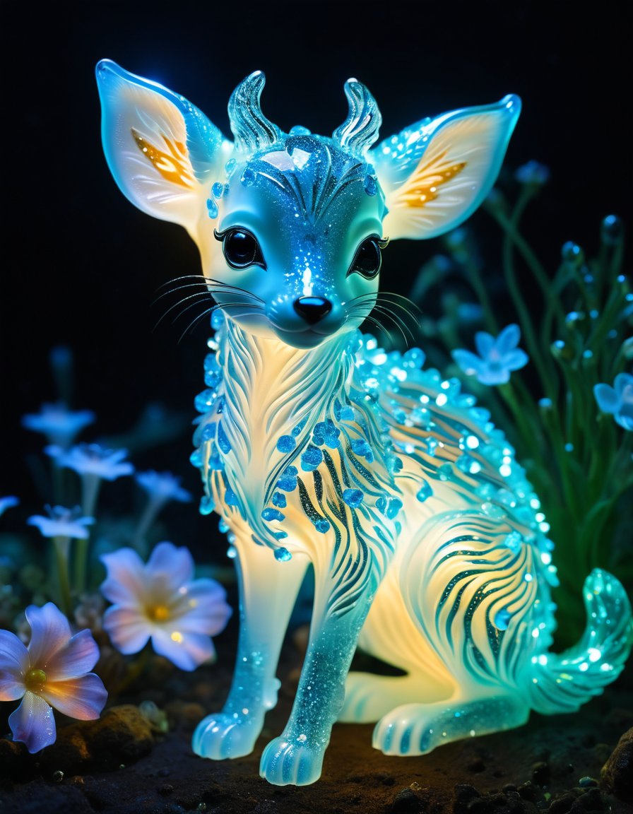 delicate and transparent crystal glass sculpture very sad striped kitten filled with bioluminiscent flowers, sparkling dinamic colors, glitter, luminous opalescent, insanely detailed beautiful fawn crystalized, meticulously detailed filigree fawn, hypermaximalist bioluminescent glowing fawn, shimmering, sparkling, extreme contrast and saturation, underwater particles, magical fantasy artwork, ultra high quality, dramatic lighting, HDR, photorealistic, florescent light