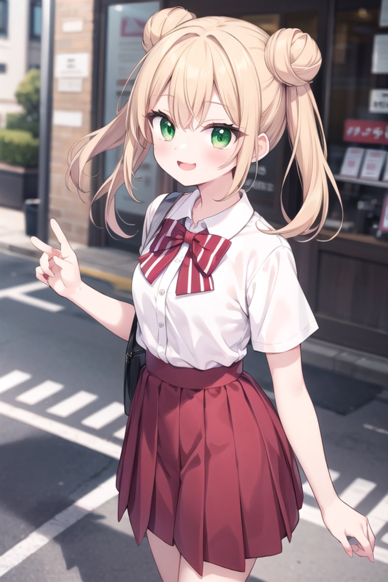 <lora:talkmouth_E_type1_v200:1>insanely detailed, absurdres, ultra-highres, ultra-detailed, best quality,1girl, solo, nice hands, perfect handsBREAKsummer school uniform, (plain dark red skirt with many pleats:1.4), (striped red bowtie:1.3), short sleeves, white shirt, shirt with white button, shirt_tucked_in    BREAK    (breast pocket, vest, blazor, long sleeves, checked skirt, striped skirt, striped shirt, striped sleeves, bra visible through clothes, skirt with frill:-1)BREAK(nsfw:-1.5)BREAKsmile, open mouthBREAKfrom above,standing, cowboy shot, looking at viewerBREAKslender, kawaii, perfect symmetrical face, ultra cute girl, ultra cute face, ultra detailed eyes, ultra detailed hair, ultra cute, ultra beautifulBREAKin street, cityscape in tokyo, depth of field, ultra detailed backgroundBREAKmedium breastsBREAKorange hair, green eyes, ballerina bun, 