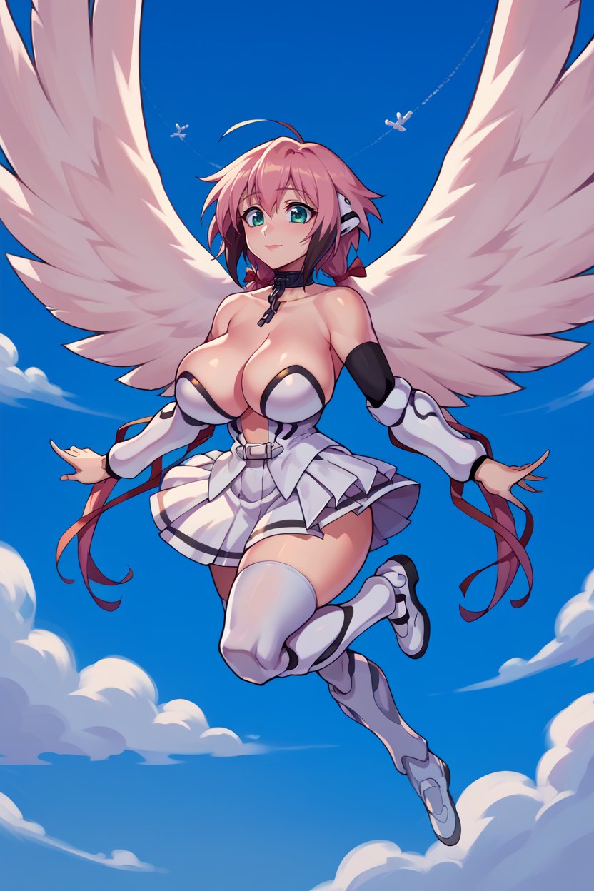 score_9, score_8_up, score_7_up, score_6_up, source_anime, BREAK 1girl,  <lora:ikaros-pdxl-nvwls-v1-000005:1> ikaros, twintails, ribbon, robot ears, white wings, choker, chain, bare shoulders, white dress, cleavage, pleated skirt, bracers, white thighhighs, large breasts, blue background, sky, clouds, flying, happy, closed mouth, midair