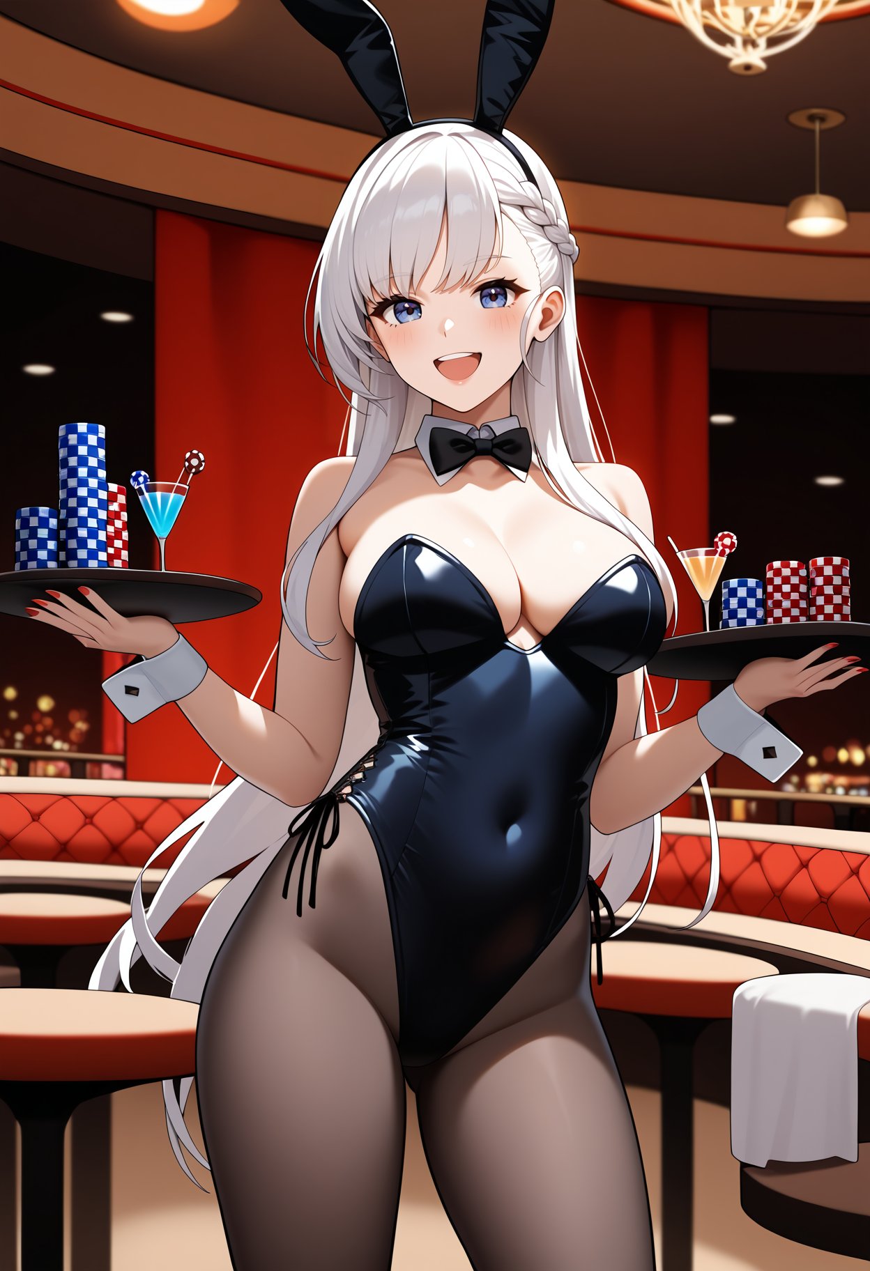 score_9, score_8_up, score_7_up, score_6_up, score_5_up, score_4_up, source_anime, aabelfast, long hair, french braid, <lora:belfast_(azur_lane)_ponyxl_1:0.9>, playboy bunny, restaurant, holding tray, poker chip, smile, open mouth, standing, cowboy shot,