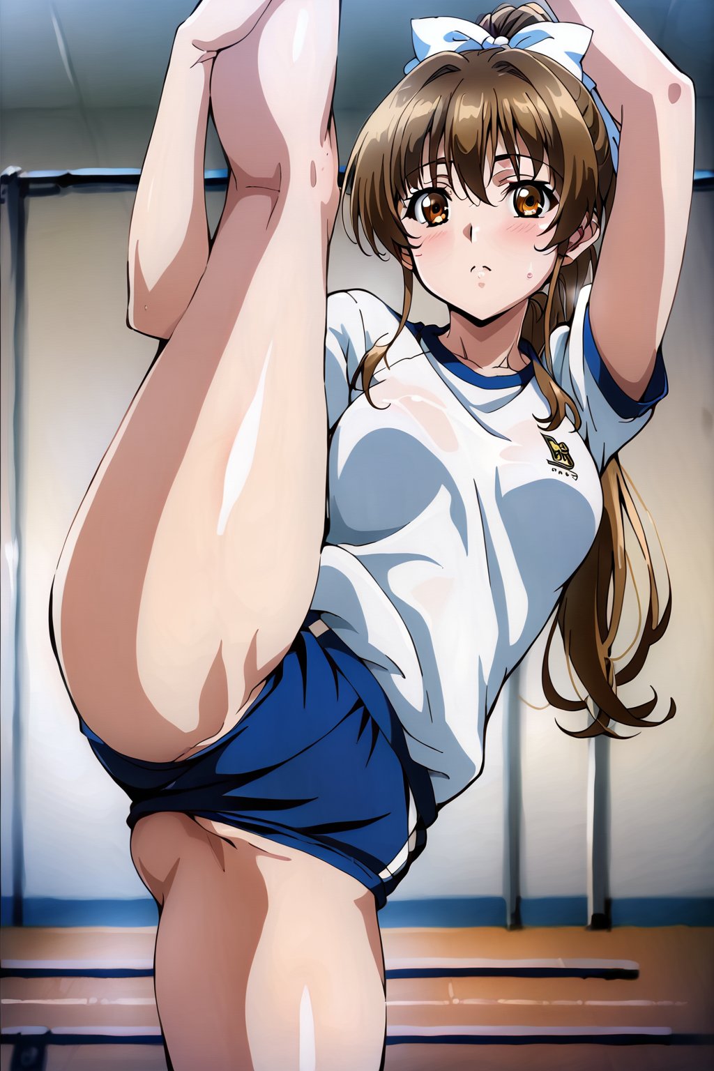 score_9, score_8_up, score_7_up, score_6_up, score_5_up, score_4_up, source_anime, cowboy shot, sunohara shizuka, 1girl, solo, ponytail, gym uniform, gym, standing split, looking at viewer,masterpiece, best quality, cute girl, beautiful girl, perfect body, perfect face, uncensored, hair bow, <lora:shinohara shizuka auti 729:1>