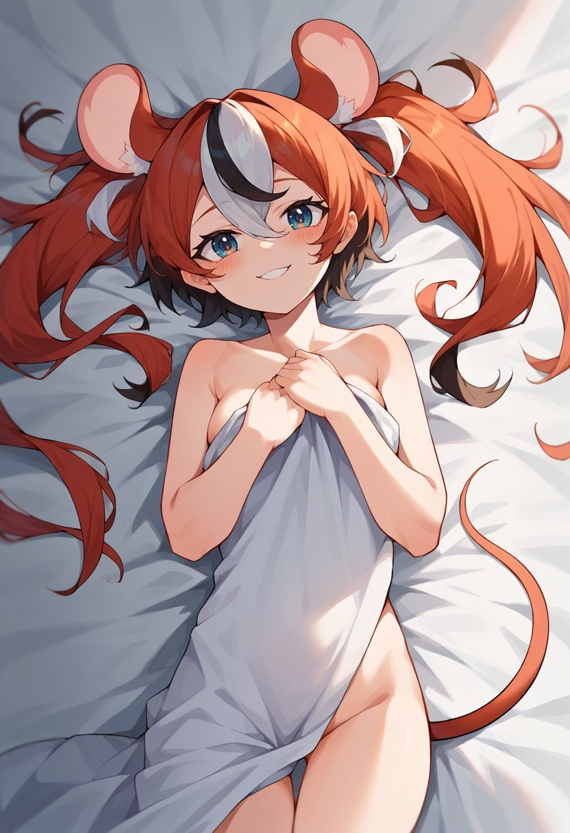 score_9, score_8_up, score_7_up, source_anime, HakosBaelz, twintails, mouse tail, bed sheet, bed, covering privates, naked sheet, sheet grab, cover, blush, smile, <lora:HakosBaelzPDXL-000009:1>