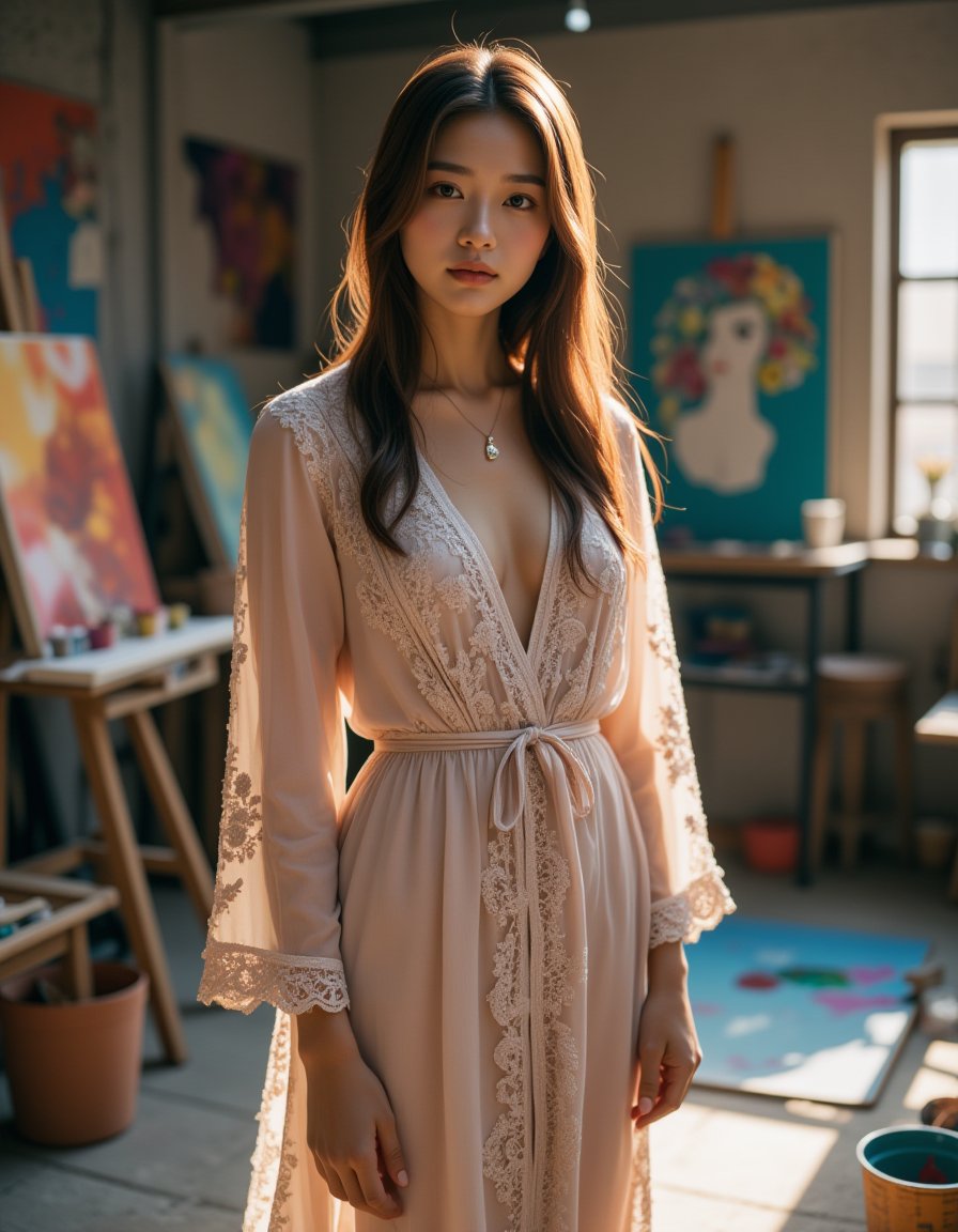 A best quality, masterpiece raw photo of a girl in a long floral lace robe with ornate details, adorned with gold jewelry. Her long brown hair flows softly over her shoulders as she stands in an art studio filled with canvases, paints, and artistic tools. The middle distance shot taken with a long-range lens captures the creative energy of the space, with splashes of color and art pieces scattered around. The low key lighting casts soft shadows that add a sense of depth, while the soft bokeh effect gently blurs the background, allowing the girl and her elegant outfit to remain the focal point. The balanced contrast and exposure bring out the textures and colors, creating a dynamic and inspiring atmosphere