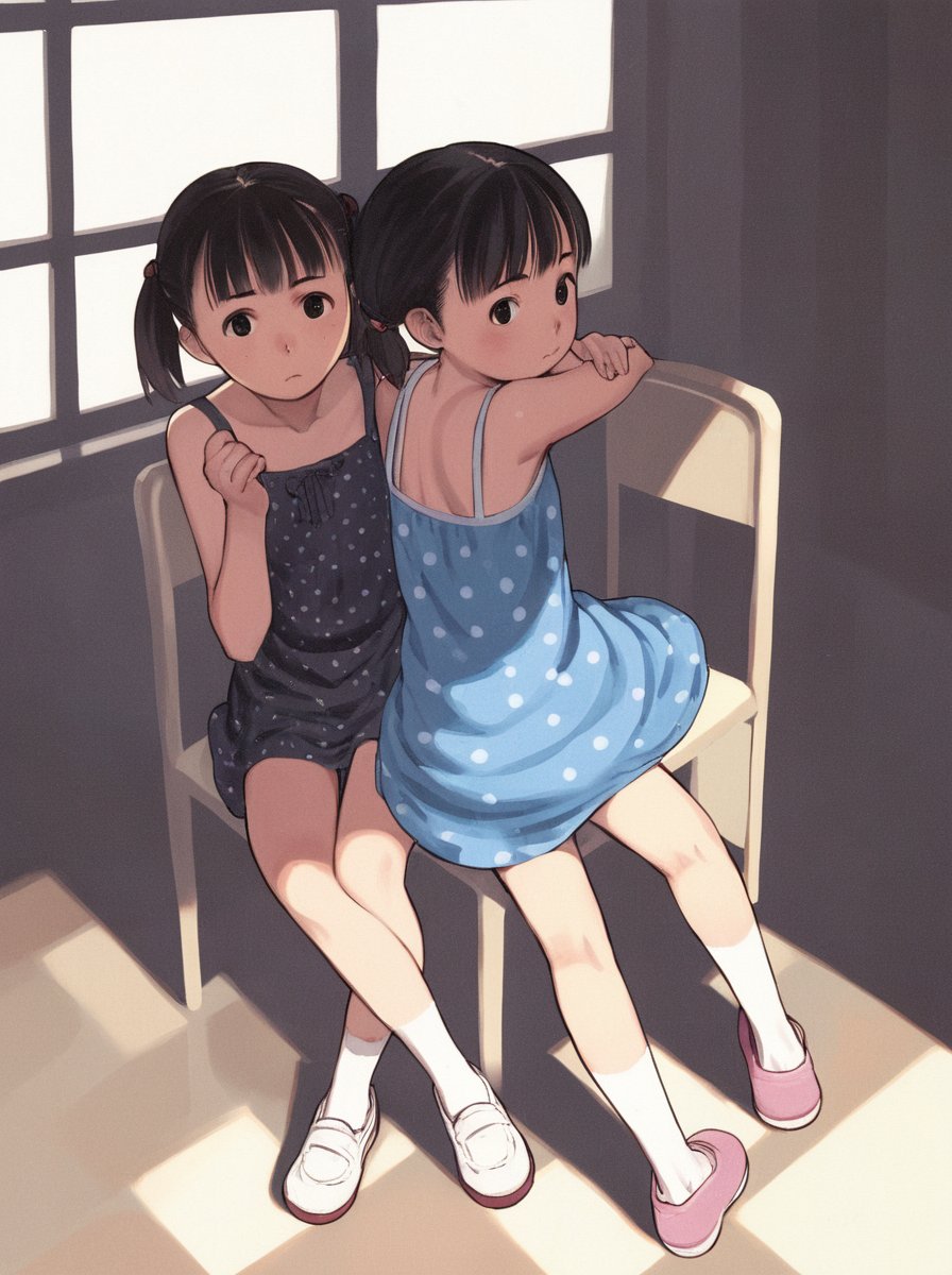 score_9_up,score_8_up,score_7_up, <lora:comiclo-xl-pony:0.7>,multiple girls, 2girls, chair, dress, sitting, twintails, hug, short twintails, polka dot, black hair, short hair, black eyes, uwabaki, shoes, blush, polka dot dress, looking back, socks, brown hair, food on face, child, bare shoulders, looking at viewer, blue dress, sitting backwards