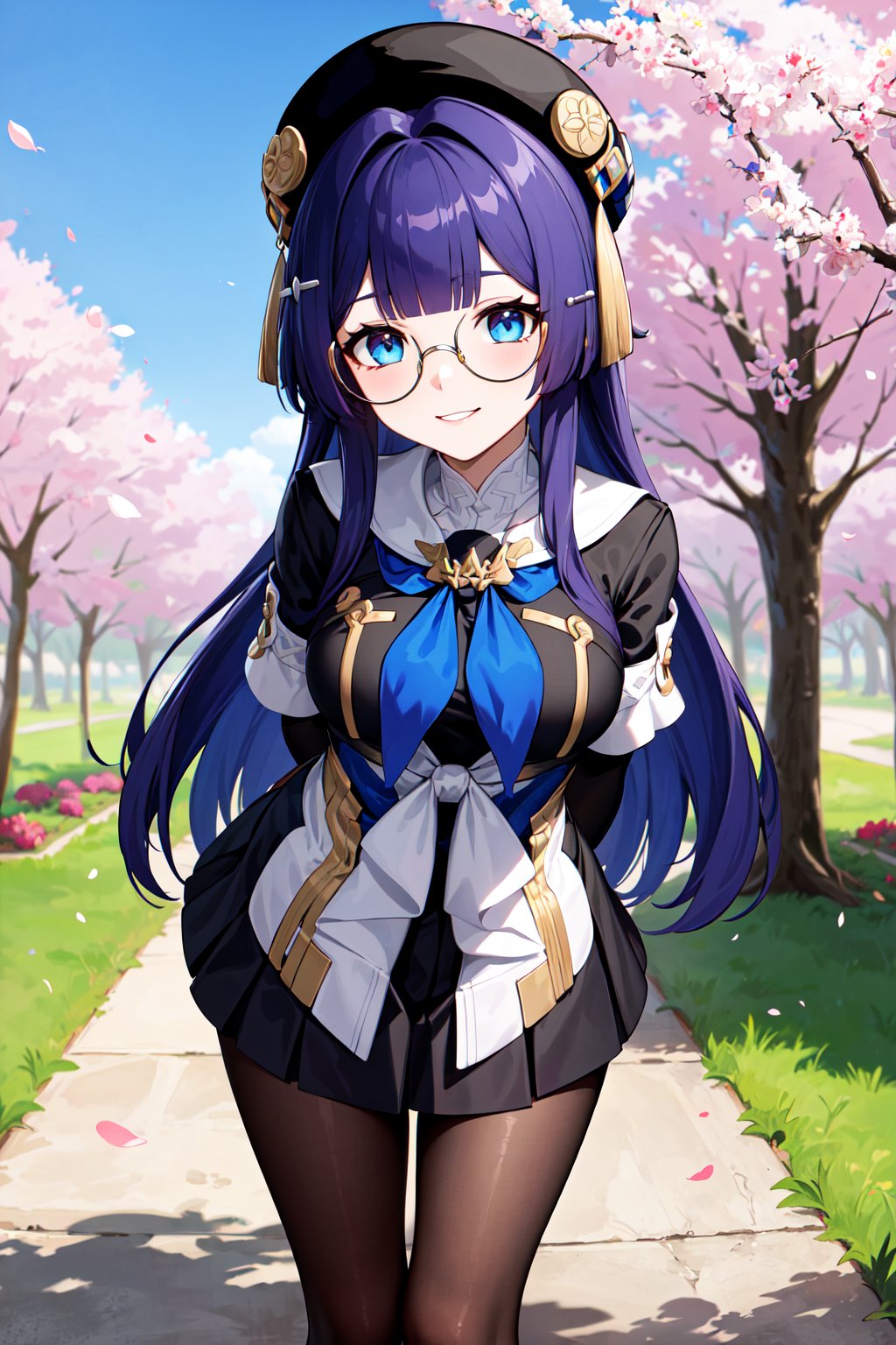 masterpiece, best quality, highres, aapela, long hair, hat, black headwear, hair ornament, glasses, blue neckerchief, dress, elbow gloves, black gloves, pleated skirt, black skirt, black pantyhose, <lora:pela_v1:0.7>, standing, leaning forward, arms behind back, outdoors, cherry blossoms, petals, smile