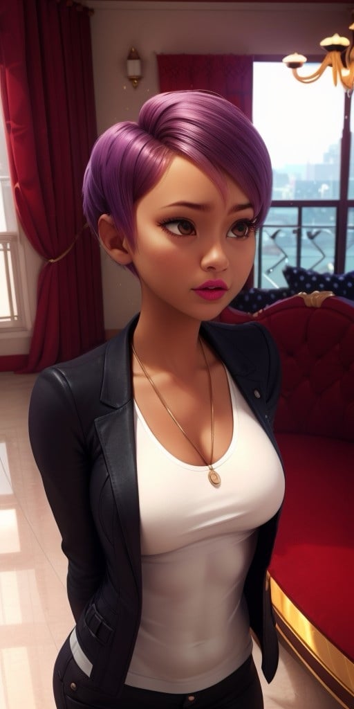 Hyperrealistic, photorealistic, super detailed, pixie-cut purple hair, expressive light brown eyes, body like in real life, large pores, slender, beautiful arms, unreal engine, octane render, droped shadow, bokeh, cinematic lighting, Strong fuchsia lipstick, Light brown eyes, Dark-skinned, <lora:add_detail:0.5>, <lora:Volumetric_lighting:0.6>, Light brown eyes, Pixie-cut purple hair, Rolling, Penny, , <lora:bd6cac7b-47eb-46fc-94e7-13fab41043a1:0.7>