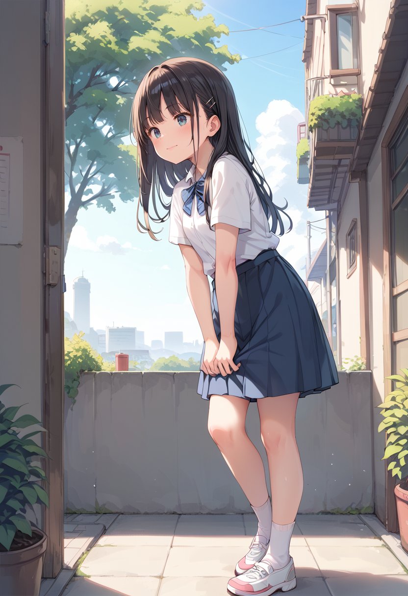 score_9, score_8_up, score_7_up, BREAK1girl, black hair, long hair, white shirt, blue skirt, outdoors, 