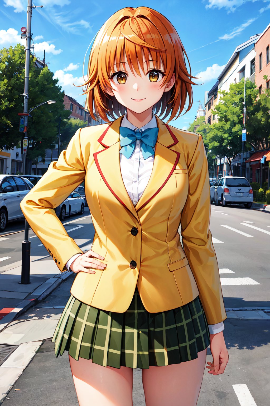 masterpiece, best quality, highres, aariko, short hair, brown eyes, school uniform, blue bowtie, blazer, yellow jacket, long sleeves, plaid skirt, green skirt, <lora:yuusaki_riko_v1:0.6>, standing, cowboy shot, smile, outdoors