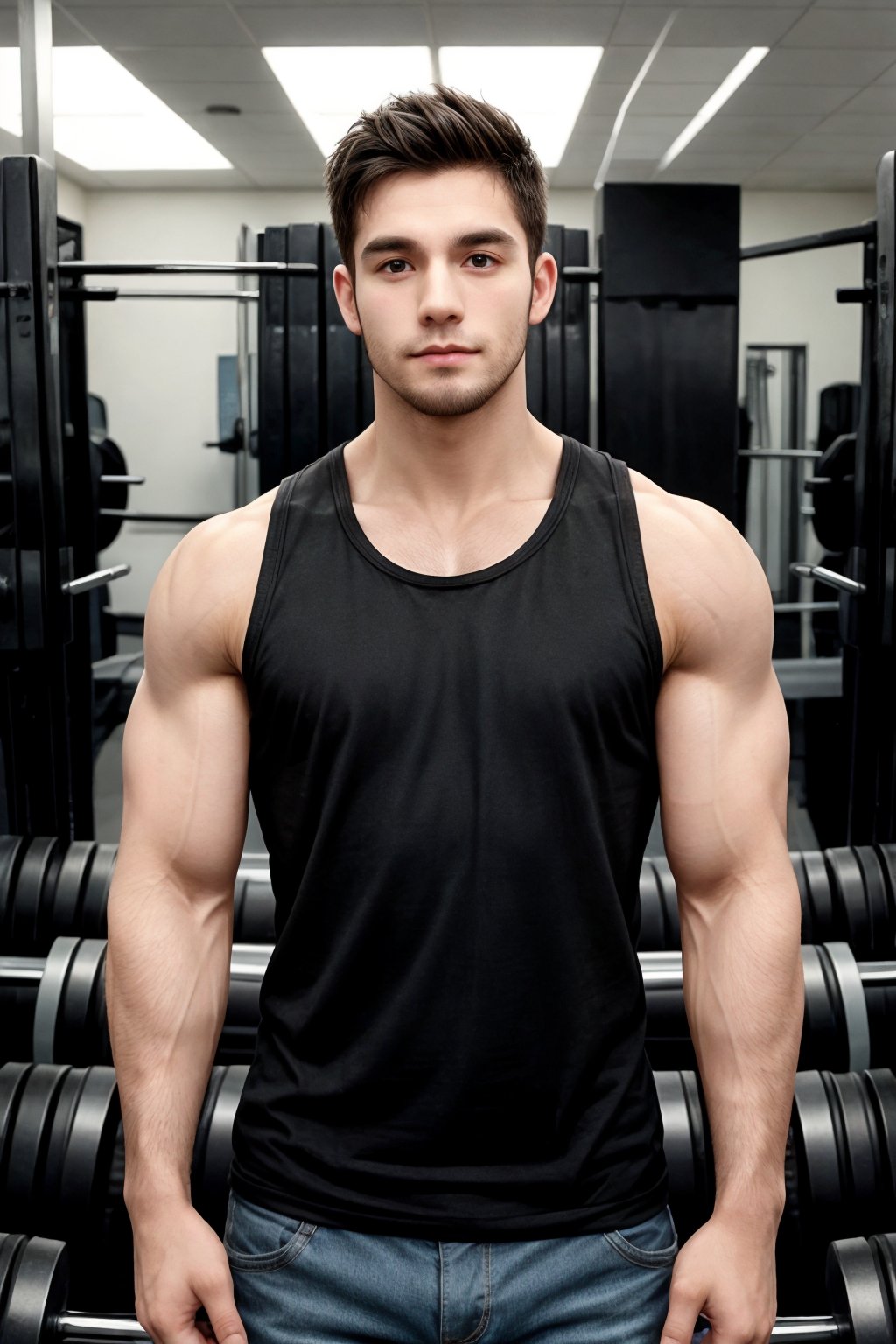 man, bodybuilder,  sleeveless tank top, the hands must be well represented, the hands must have five fingers, the hands must be anatomically correct, the hands must be well proportionated