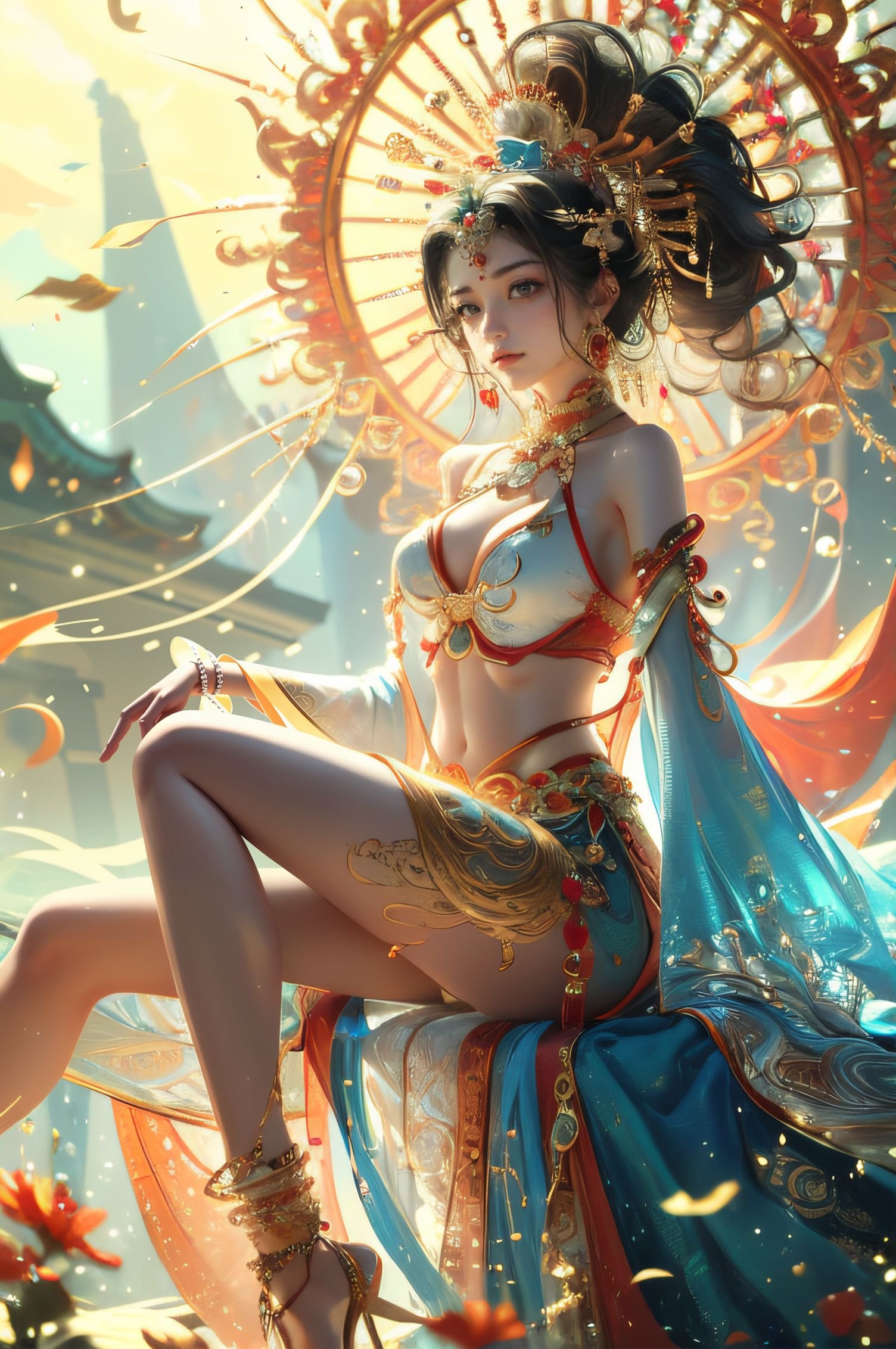 xuer Chinese goddess,1girl,(jewelry,anklet:1.3),solo,(sitting:1.2),(from side,profile:0.9),(wide shot, wide-angle lens,Panoramic:1.2),image,nostalgic paintings,Exotic Style,bull body,long sho,dancing,Martialarts and fairy - like vibe,best quality,masterpiece,Dynamic Angle,Perspective,High Point,pov,<lora:绪儿-中国女神 xuer Chinese goddess:0.75>,