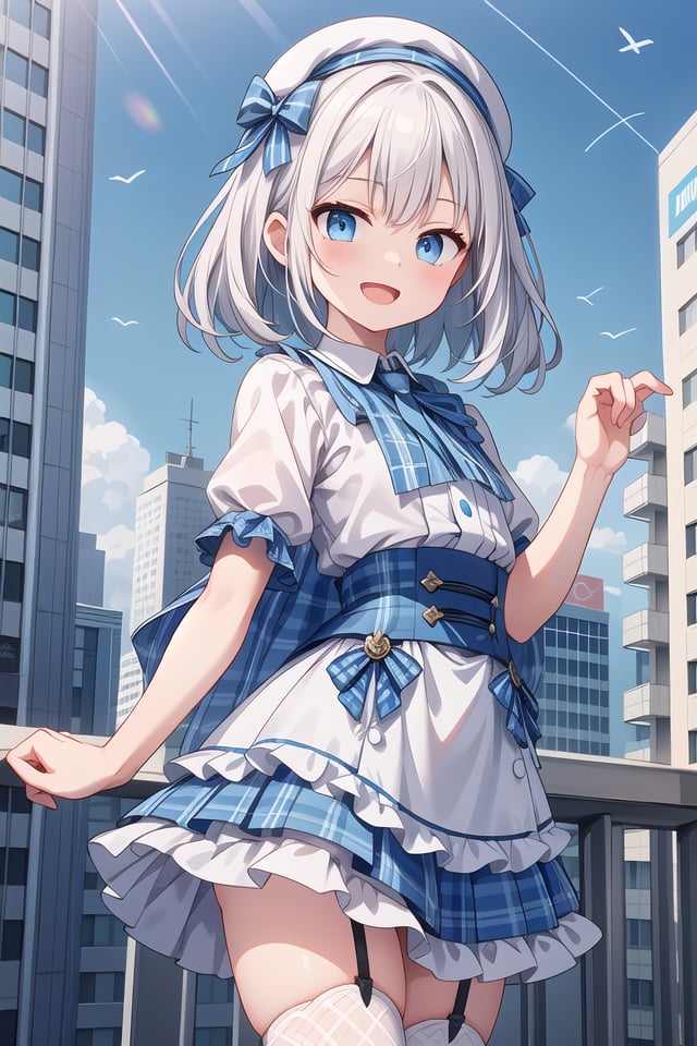 (cleavage:-1.5), insanely detailed, absurdres, ultra-highres, ultra-detailed, best quality,1girl, solo, nice hands, perfect hands,BREAK(gothic drress, Idol costume:1.3), (blue and white theme:1.2), (white blouse:1.4), (white collar, tie:1.3), (open short-cape:1.3), (short sleeve:1.2), (blue tartan-check pattern (ruffle-skirt, multilayer-skirt):1.4), (white basque-beret with ribbon:1.3), (Fishnet stockings:1.3), (glove:1.2), (cleavage:-1.5)BREAKhappy smile, laugh, open mouth,standing,own hands together,cowboy shot,BREAKslender, kawaii, perfect symmetrical face, ultra cute girl, ultra cute face, ultra detailed eyes, ultra detailed hair, ultra cute, ultra beautiful,BREAKcityscape in tokyo, ultra detailed background, blue sky, bay side, panorama view,medium breasts, white hair, blue eyes