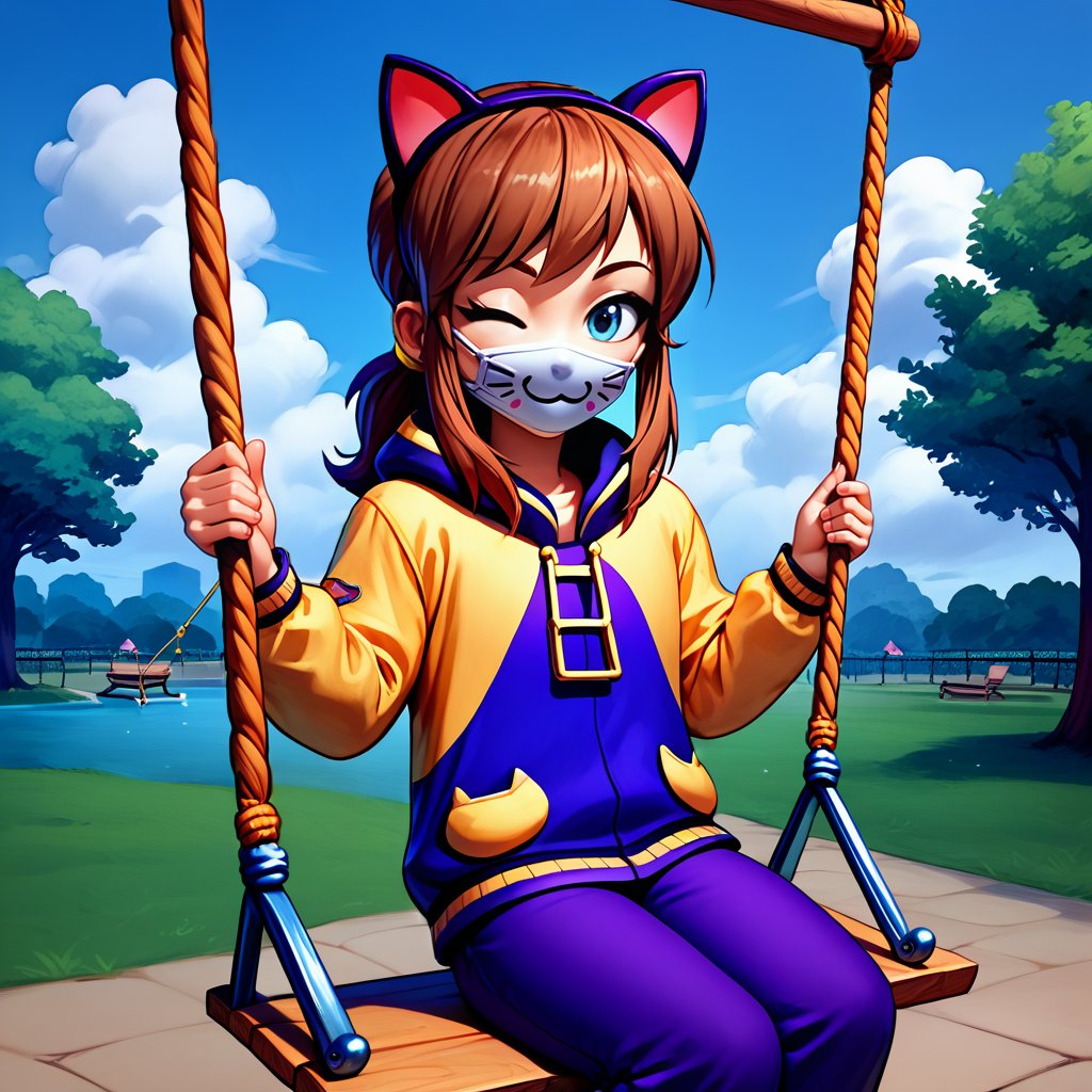 <lora:hatkid:1>,1girl,solo,hat-kid,brown hair,sidelocks,ponytail,blue eyes,fake cat ears,cat mouth mask,yellow-purple letterman jacket,purple pants,swing set,park,sitting in swing set,cowboy shot,looking at viewer,one eye closed,wink,wink star,day,cloudy sky,holding swing set ropes,, score_9, score_8_up, score_7_up, perfect anatomy, source_anime, zPDXL2,