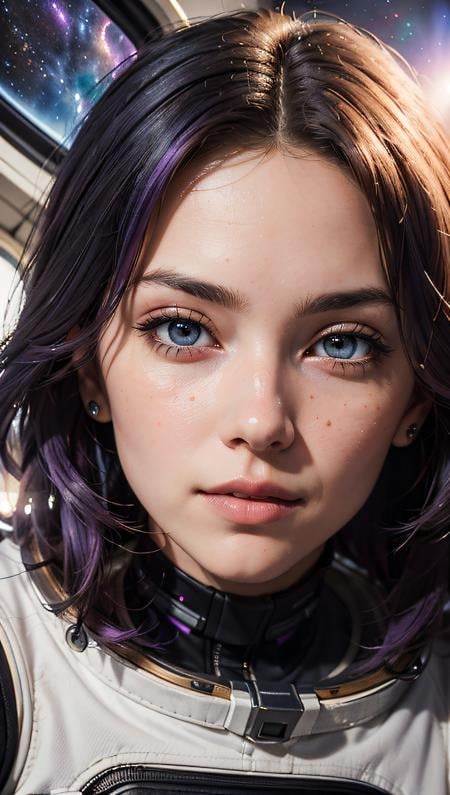 (best quality, masterpiece, perfect face, beautiful and aesthetic:1.2, colorful, dynamic angle, highest detailed face) fashion photography of cute astronaut girl with long iridiscent purple hair, in space (intricate details, hyperdetailed:1.15), detailed, sunlight passing through hair, (beautiful galaxy background), (high contrast, official space art, extreme detailed, highest detailed), HDR+