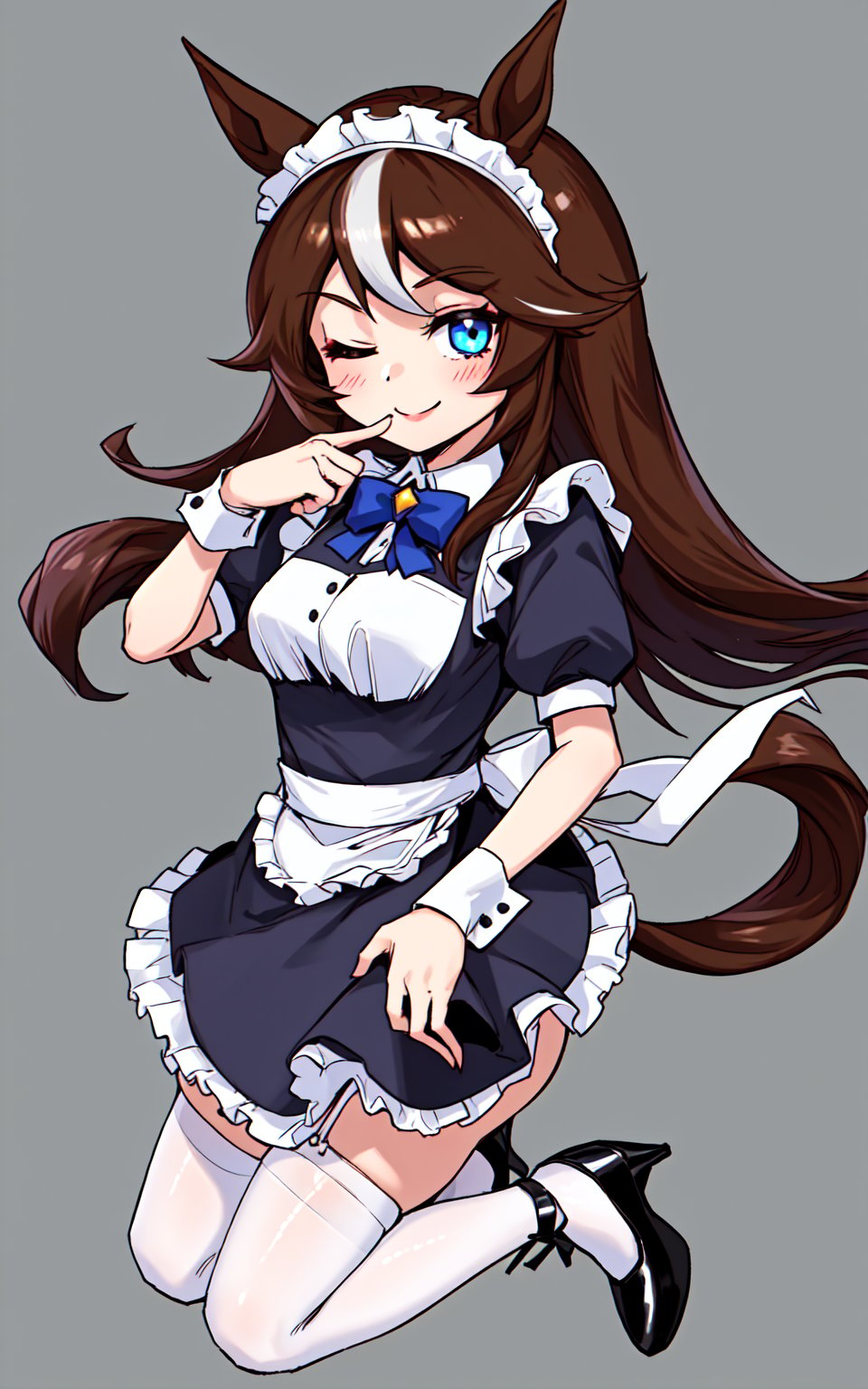 1girl, tokai_teio_(umamusume), maid, solo, smile, one_eye_closed, blue_eyes, long_hair, brown_hair, streaked_hair, horse_ears, horse_tail, wrist_cuffs, maid_apron, maid_headdress, apron, black_skirt, skirt small_breasts, arm_garter, frills, center_frills, high_heels, white_legwear, index_finger_raised, full_body, simple_background,best quality,amazing quality,very aesthetic,absurdres,