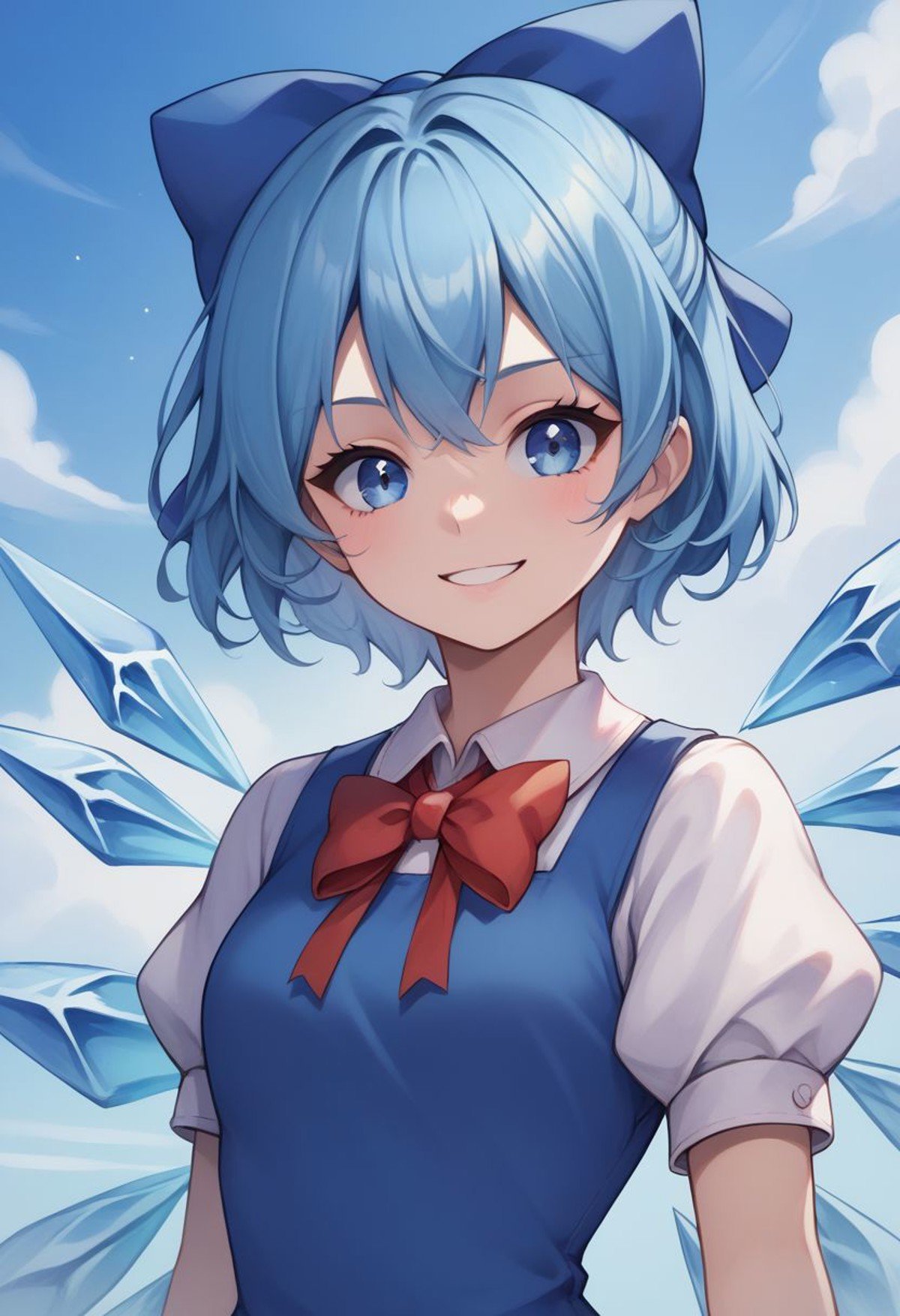 score_9, score_8_up, source_anime, highly detailed, cirno, 1girl, solo, wings, blue eyes, dress, bow, ice wings, blue hair, ice, blue dress, short sleeves, blue bow, short hair, hair bow, puffy sleeves, red ribbon, upper body, smile,outdoor, 