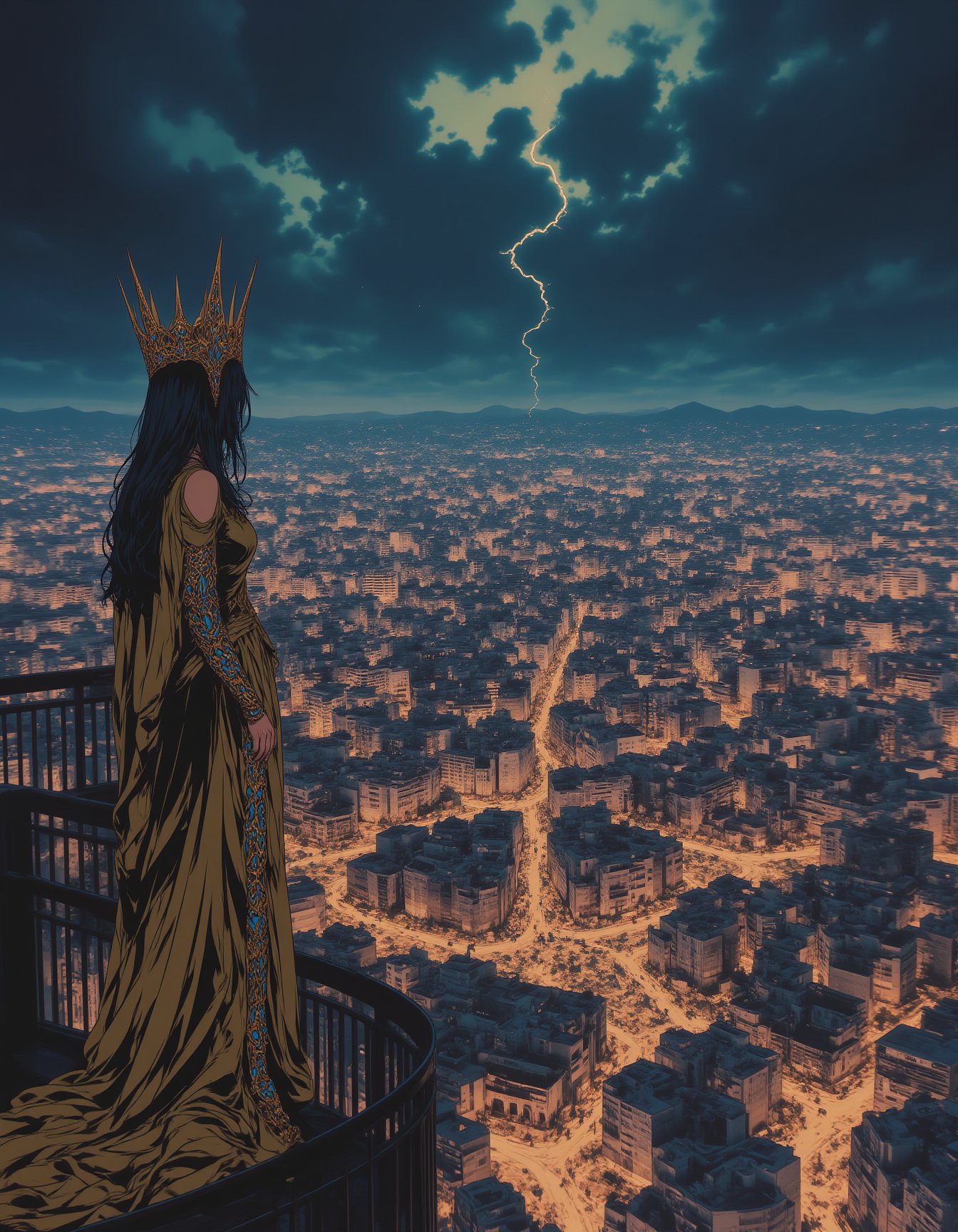 A queen in a flowing gown of gold and silver stands on a balcony overlooking a vast, glittering city. The city is built on a series of interconnected floating islands, each one illuminated by glowing crystals. Below her, the people bustle about, unaware of the dark storm brewing on the horizon., <lora:NeonFantasyFLUX:0.8> ne0nfant4sy,