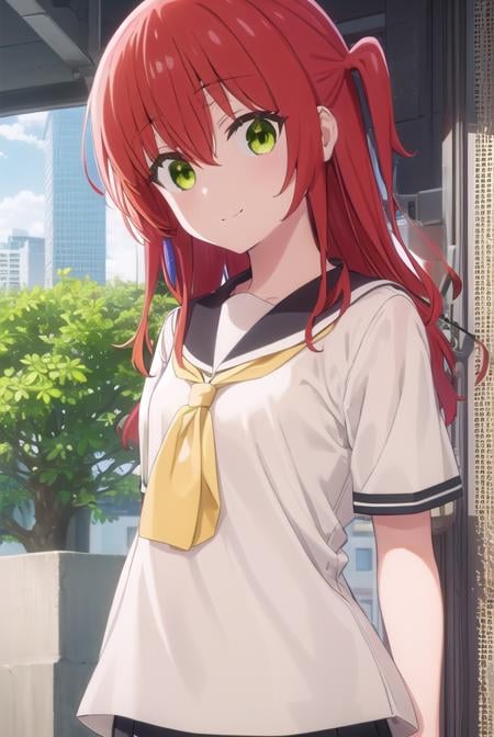 kitaikuyo, <lora:ikuyo kita s1-lora-nochekaiser:1>, ikuyo kita, (green eyes:1.5), hair between eyes, long hair, one side up, red hair, smile,BREAK black footwear, black skirt, grey sailor collar, pleated skirt, sailor collar, school uniform, shoes, short sleeves, shuka high school uniform, skirt,,BREAK indoors, classroom,BREAK looking at viewer, (cowboy shot:1.5),BREAK <lyco:GoodHands-beta2:1>, (masterpiece:1.2), best quality, high resolution, unity 8k wallpaper, (illustration:0.8), (beautiful detailed eyes:1.6), extremely detailed face, perfect lighting, extremely detailed CG, (perfect hands, perfect anatomy),