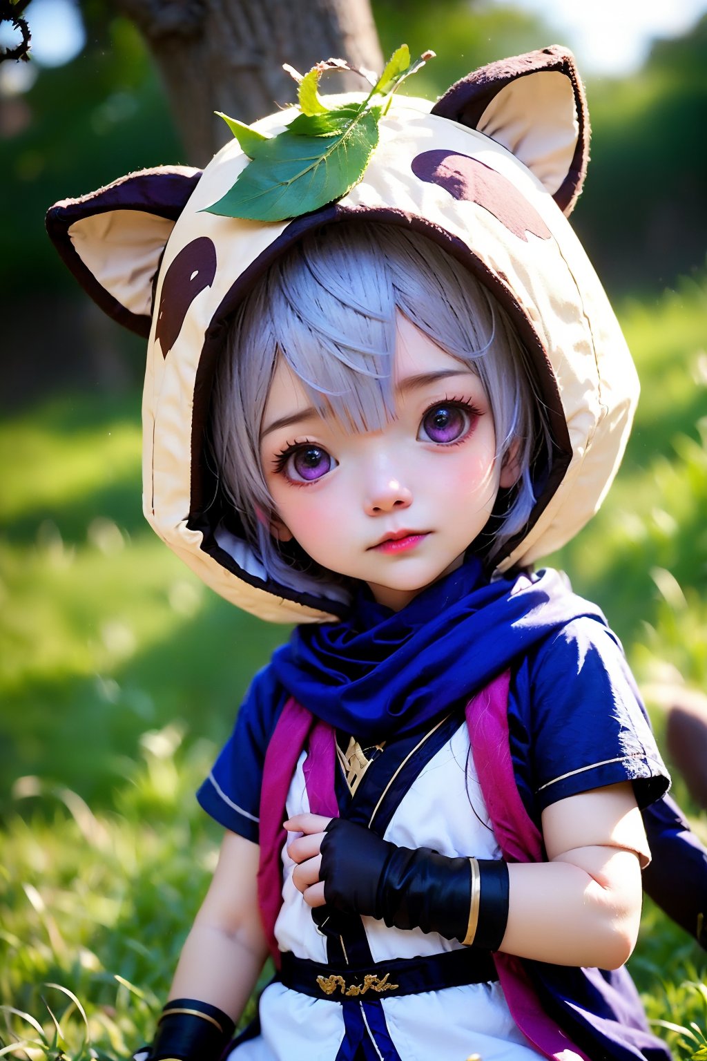 1girl, solo, sayu \(genshin impact\), leaf, leaf on head, purple eyes, hood, looking at viewer, blurry, short hair, animal ears, animal hood, outdoors, upper body, black scarf, depth of field, short sleeves, scarf, realistic, lips, raccoon ears, japanese clothes, grey hair, fake animal ears, blurry background, tree, gloves, closed mouth, grass, bow, child, eyelashes, fingerless gloves, ninja, kimono, weapon, arm guards, hood up, black gloves, hair between eyes, bowtie, blush, blunt bangs, day, nature, nose