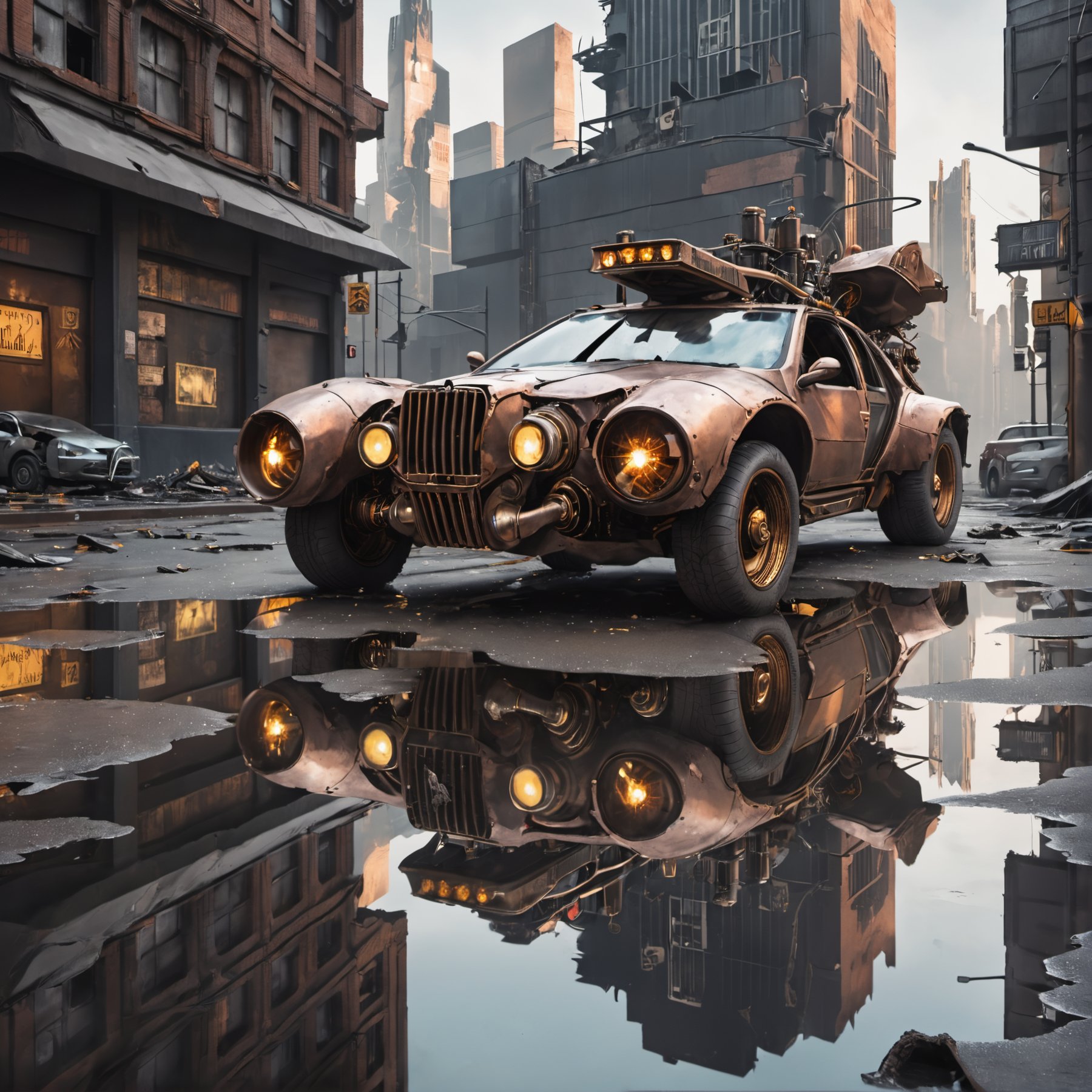 photo of a futuristic steampunk car, destroyed cyberpunk city, reflective puddles , natural light