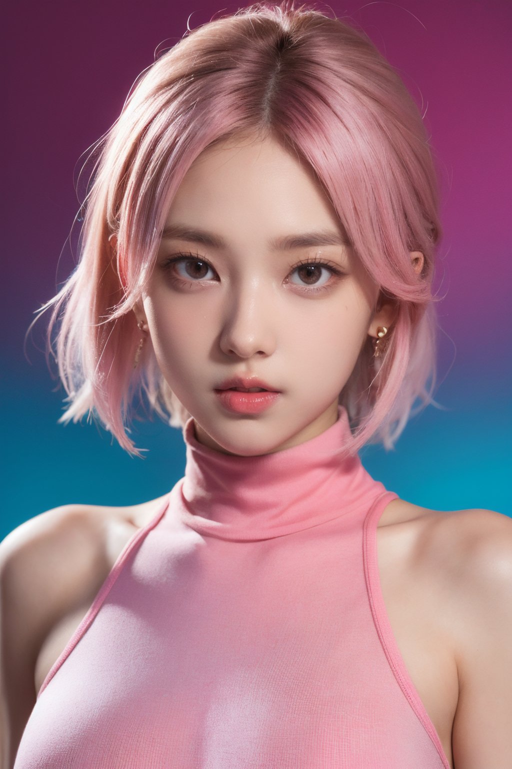 masterpiece, highest quality, Photorealistic, 4K, bokeh, enlightenment, (1 perfect portrait of a girl), (A fascinating eye for perfect detail), colorful hair, (gradient hair), (neon pink hair:1), Slim and tall body type, fantasy background, exposed bare shoulders, lean forward a little, hair ornaments, Little head tilt, , movie lighting, leotard, turtleneck, sleeveless, ((seductive pose)), (neon pink background:1.1), Close up, small breast