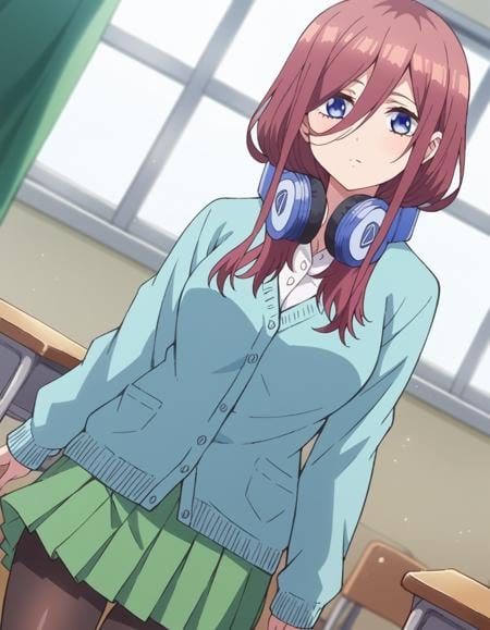 score_9, score_8_up, score_7_up, source_anime,mikunakano, <lora:miku-nakano-s1-ponyxl-lora-nochekaiser:1>, miku nakano, long hair, bangs, blue eyes, brown hair, shirt, hair between eyes, headphones, cardigan, headphones around neck,skirt, shirt, long sleeves, white shirt, pantyhose, pleated skirt, black pantyhose, cardigan, green skirt, blue cardigan,indoors, classroom, looking at viewer, cowboy shot, dutch angle,