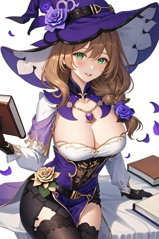 best quality, masterpiece, highres, solo, {lisa_genshin:1.15}, long_hair, green_eyes, bangs, brown_hair, flower, breasts, smile, hat, rose, cleavage, large_breasts, purple_flower, witch_hat, hair_between_eyes, purple_headwear, hair_ornament, jewelry, hair_flower, purple_rose, hat_flower, blush, 1girl, looking_at_viewer, braid, necklace, long_sleeves, beret, holding, book, dress, holding_book, alternate_costume, parted_lips