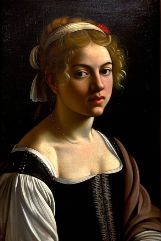 A 22-year-old blonde girl stands in a formal portrait by Caravaggio. She wears a ornately decorated baroque dress from 1600, that accentuates her slender figure, her hair is ornately arranged. She stand confidently in a straightforward pose, her features illuminated by soft, natural light. Oil on canvas by Caravaggio ca 1600.,taylorswift,Caravaggio ,TaylorSwift<lora:EMS-159177-EMS:0.800000>, <lora:EMS-406997-EMS:0.600000>