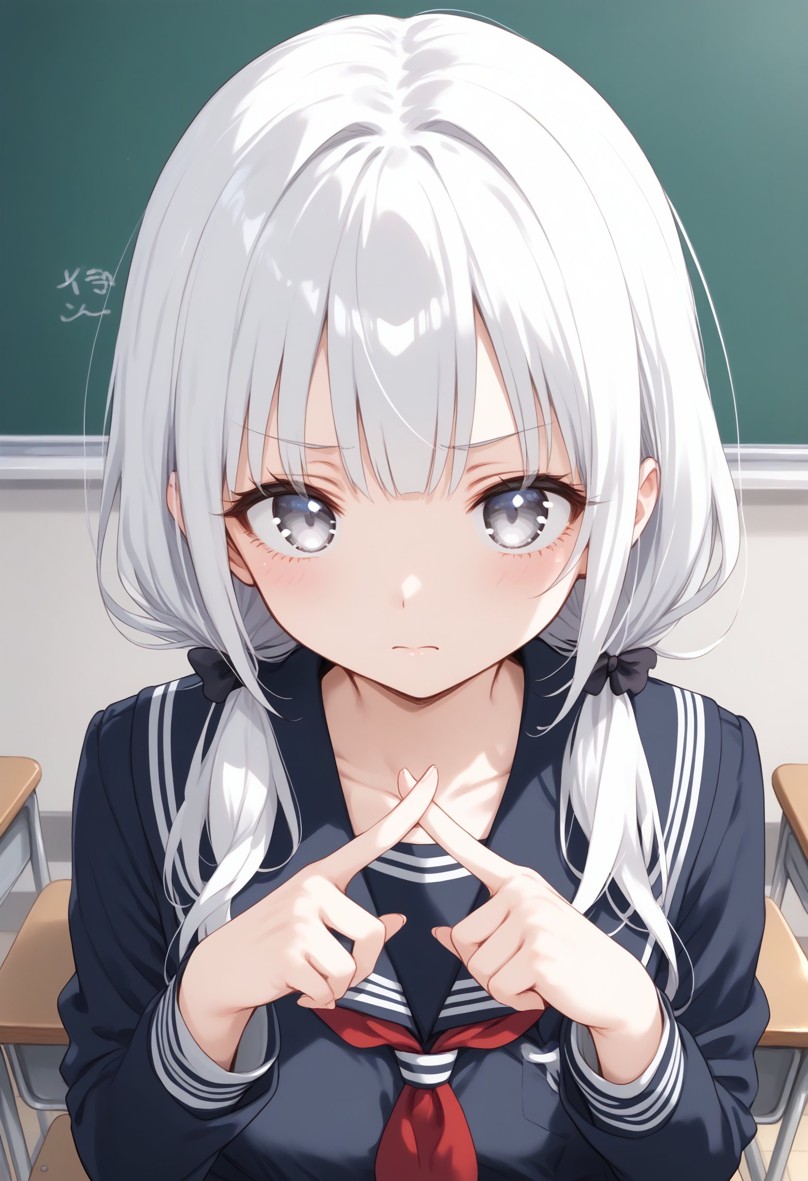 1girl, school uniform, medium breasts, solo,x fingers, <lora:xfingers_Pony_v1:0.8>from above, upper body, looking ahead, white hair, white eyes,naughty, schoolyard, closed mouth, low twintails hair,