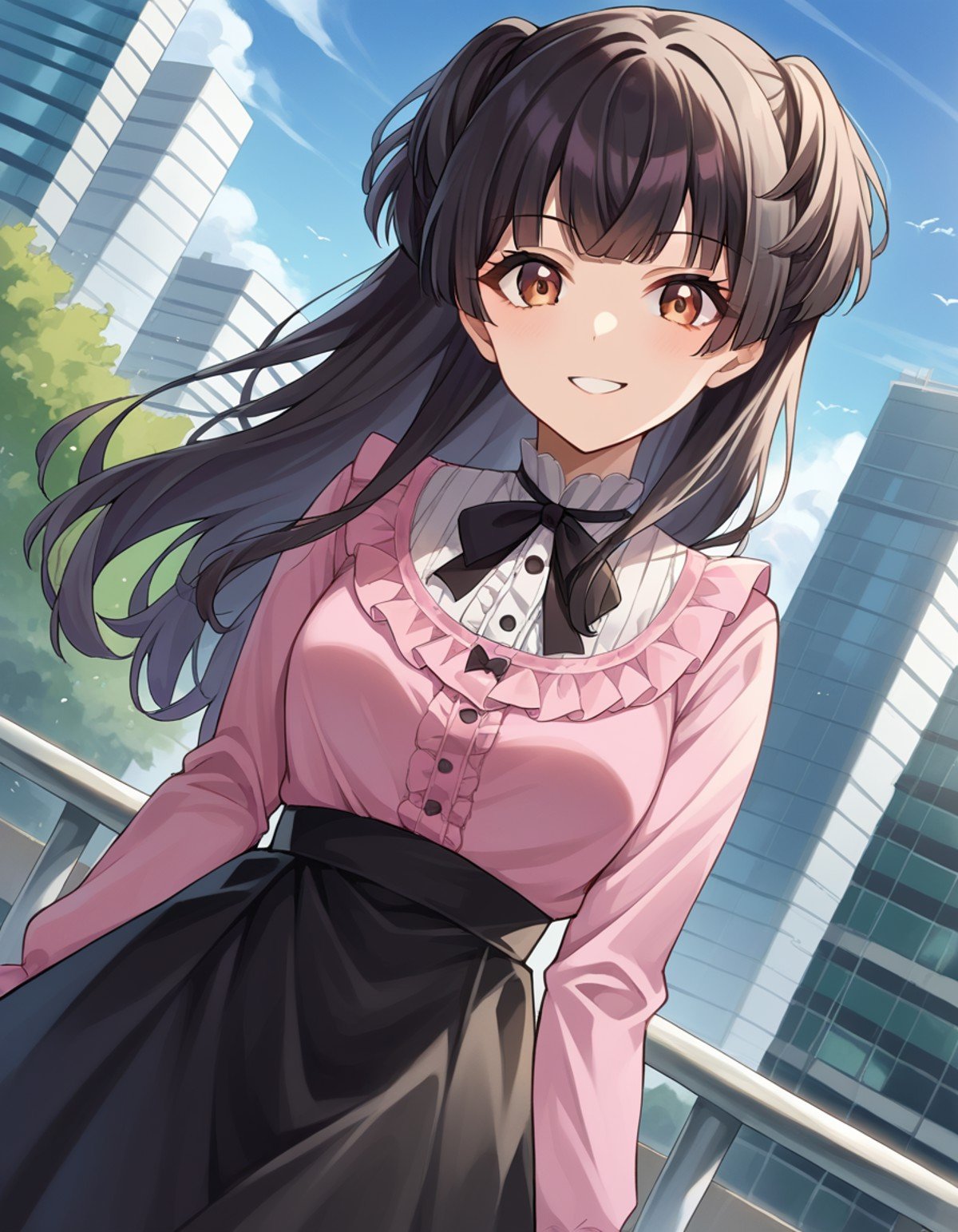 score_9, score_8_up, score_7_up, source_anime,fuyukomayuzumi, <lora:fuyuko-mayuzumi-ponyxl-lora-nochekaiser:1>,fuyuko mayuzumi, black hair, brown eyes, long hair, two side up, smile,black bow, black bowtie, black ribbon, black skirt, bow, bowtie, frilled shirt, frills, jirai kei, long sleeves, neck ribbon, pink shirt, ribbon, shirt, skirt, white shirt,outdoors, cityscape,looking at viewer, dutch angle, cowboy shot,