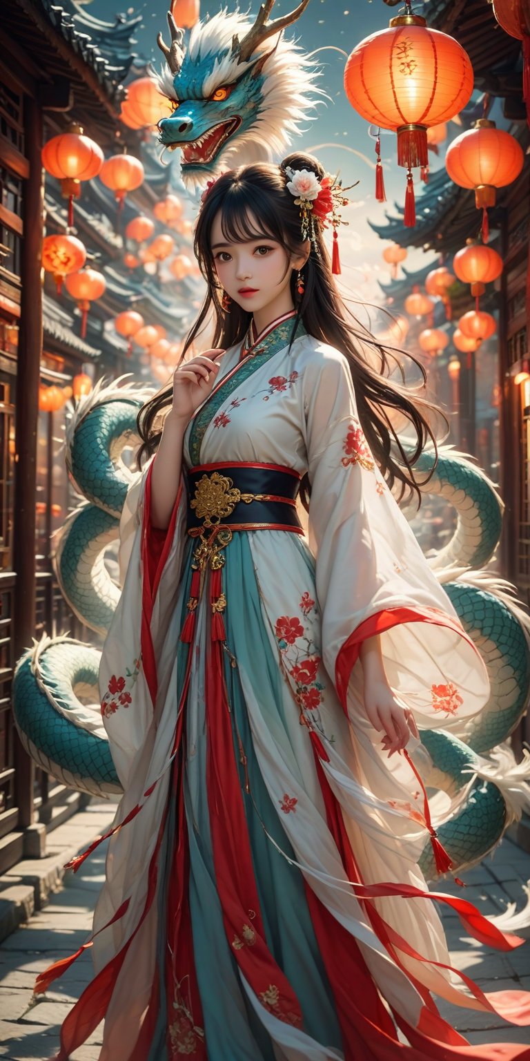 Solo, 1Girl, holding, standing, long hair, (China_dress: 1.2), (green eyes: 1.1), colored candy, black hair, looking at the audience, upper body, (lantern/lamp: 1.1), flowers, Spring Festival, New Year, (fireworks: 1.1), long sleeves, Oriental dragon, white background, red shoes, hair accessories, blue theme, Chinese architectural background