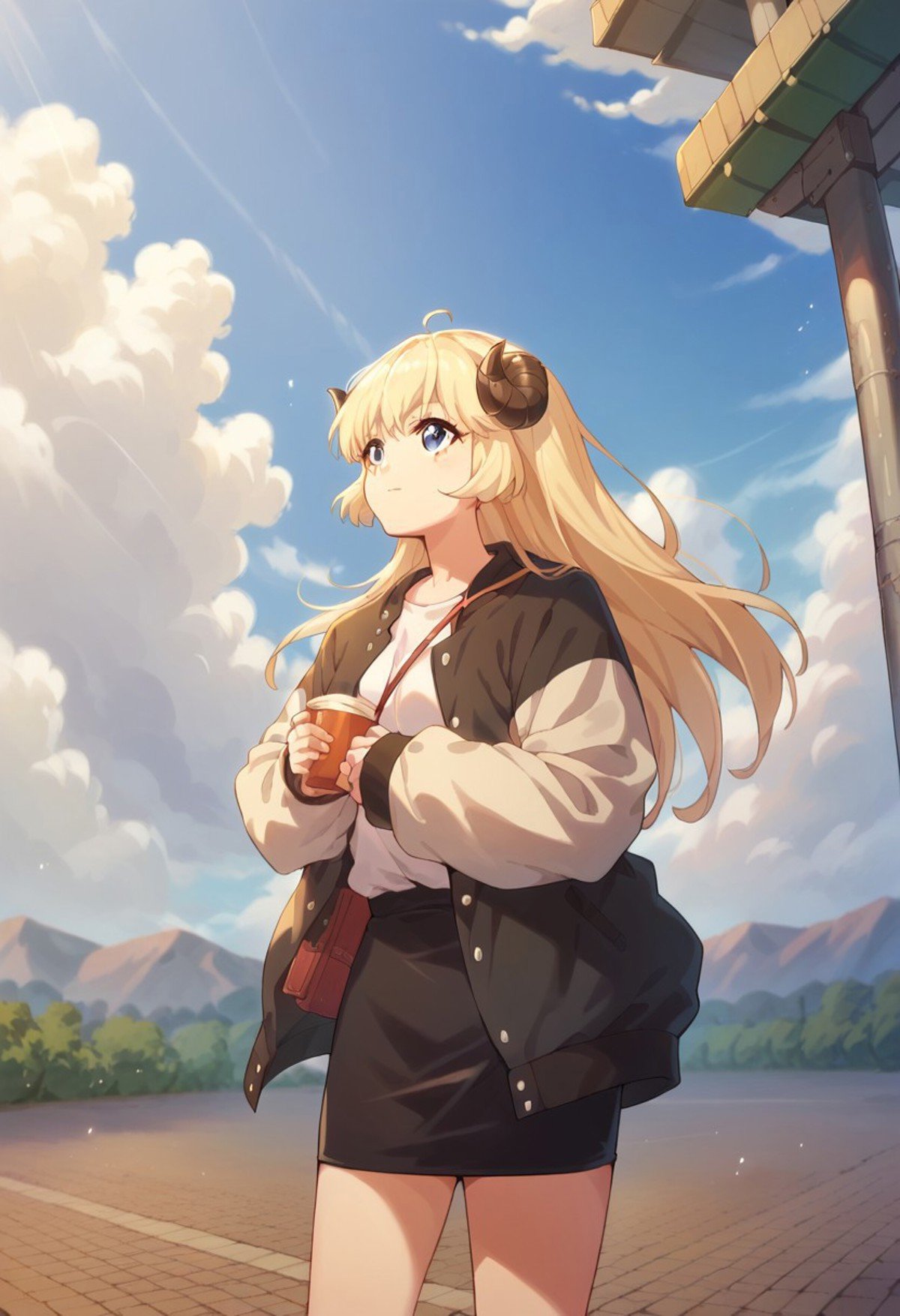 score_9, score_8_up, score_7_up, tsunomaki watame, 1girl, solo, jacket, outdoors, horns, long sleeves, sky, shirt, cloud, skirt