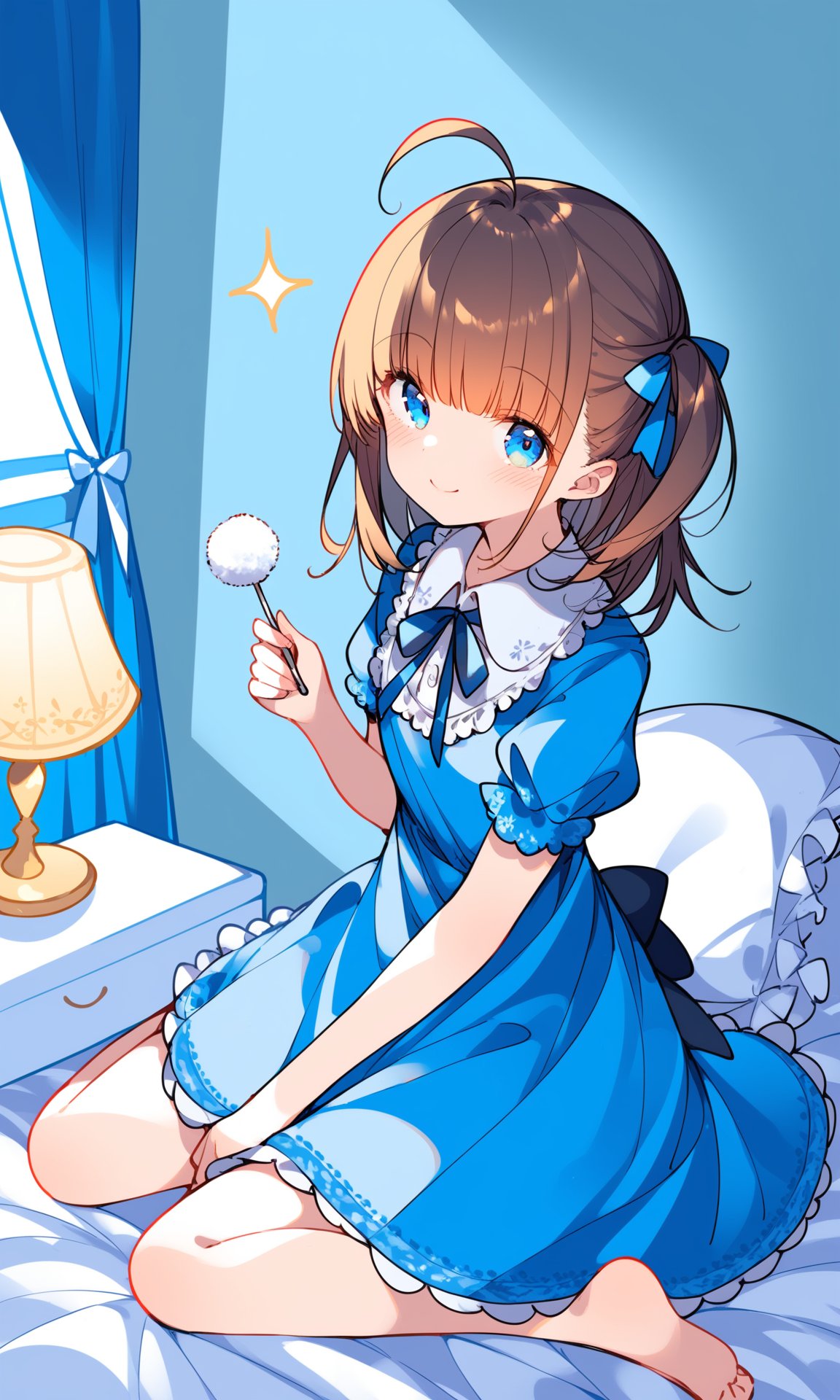 1girl,tissue box,solo,brown hair,dress,mimikaki,blue eyes,smile,indoors,looking at viewer,ahoge,pillow,blue dress,sitting,holding,short sleeves,bed,closed mouth,puffy sleeves,blush,one side up,on bed,puffy short sleeves,clock,bangs,curtains,wariza,looking back,hair ribbon,hair ornament,ribbon,lamp,collared dress,sparkle,sleeveless,