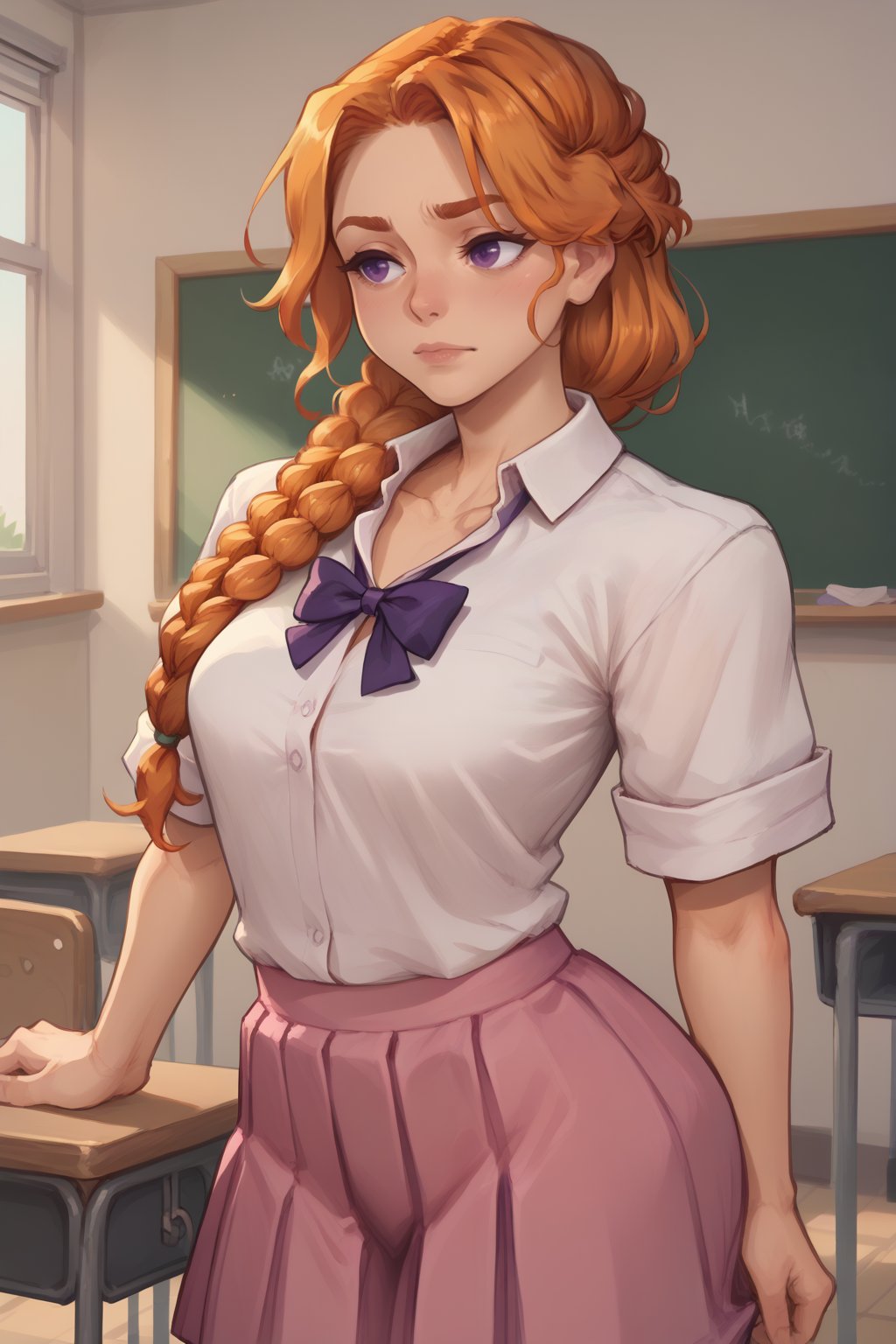 score_9, score_8_up, score_7_up, BREAK 1girl, solo, <lora:NSLeahStardew:1> NSLeahStardew, orange hair, long hair, braid, braid in front, single braid, purple eyes, pink skirt, school uniform, classroom