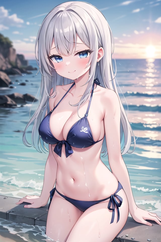 <lora:sensualface_type2_v3:1>insanely detailed, absurdres, ultra-highres, ultra-detailed, best quality,1girl, solo, nice hands, perfect handsBREAK(pastel colored bikini:1.3)BREAKhappy smile, laugh, closed mouth,sitting on beach, seductive pose, cowboy shotBREAKslender, kawaii, perfect symmetrical face, ultra cute girl, ultra cute face, ultra detailed eyes, ultra detailed hair, ultra cute, ultra beautifulBREAKDimly lit morning sea Capture the mysterious beauty of the ocean as it slowly awakens under the faint light of dawn, depth of field, ultra detailed backgroundBREAKlarge breasts, cleavage, extremely detailed navel, (wet skin:1.2), (shiny skin:1.3)BREAKgrey hair, blue eyes, medium long hair,