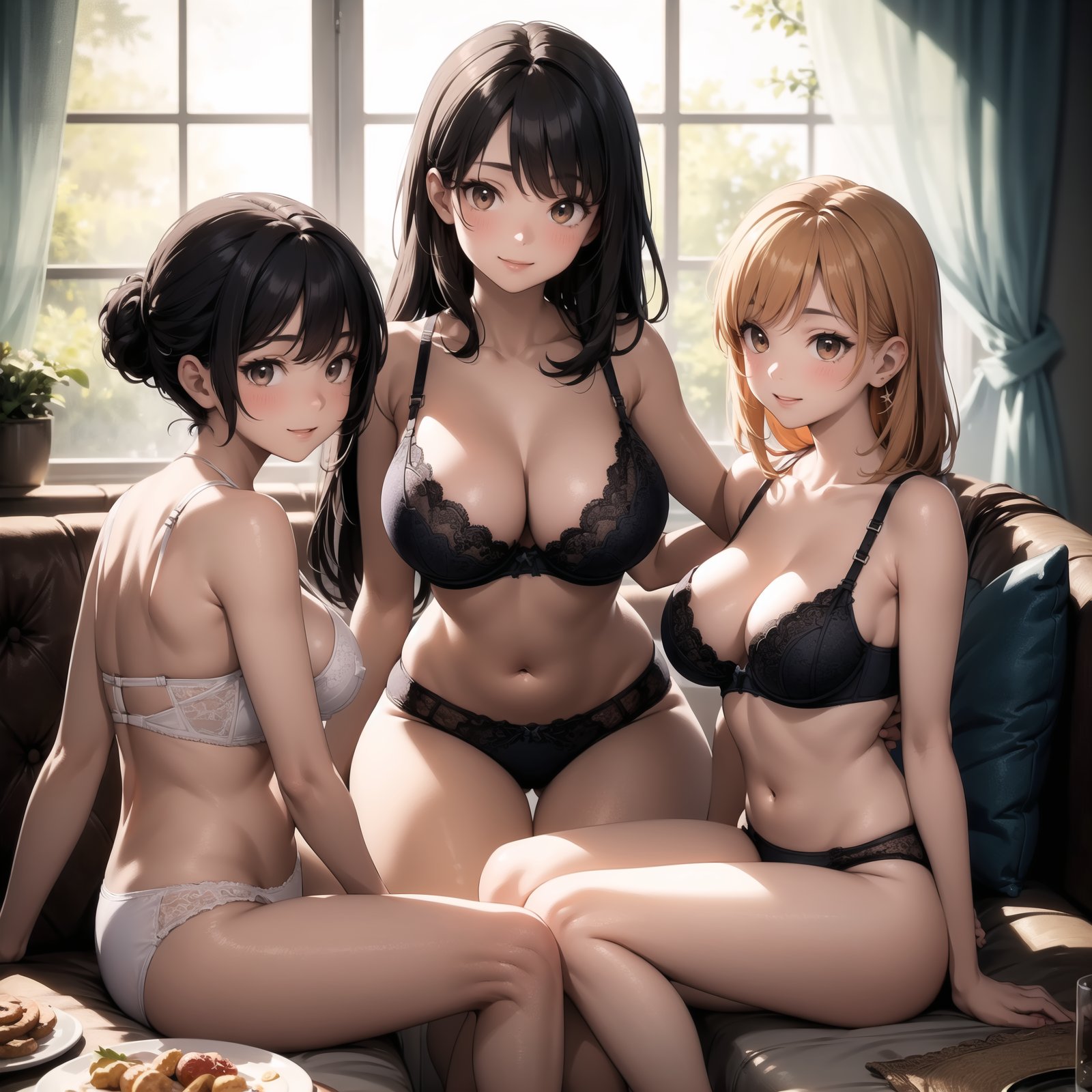 (masterpiece, best quality:1.4), Perfect delicate animation cel, female ageless, hazel eyes, protruding ears, deviated septum nose,round cheeks,auburn side-swept bangs hair, smile wearing triangle bra, plunge bra,huge breasts, sitting pose with legs spread, sitting with legs slightly spread, showcasing confidence and allure, silhouettes, characters outlined against a bright background, evoking intimacy without explicit details, sisters gathering, with a beautifully set table and heartfelt conversations