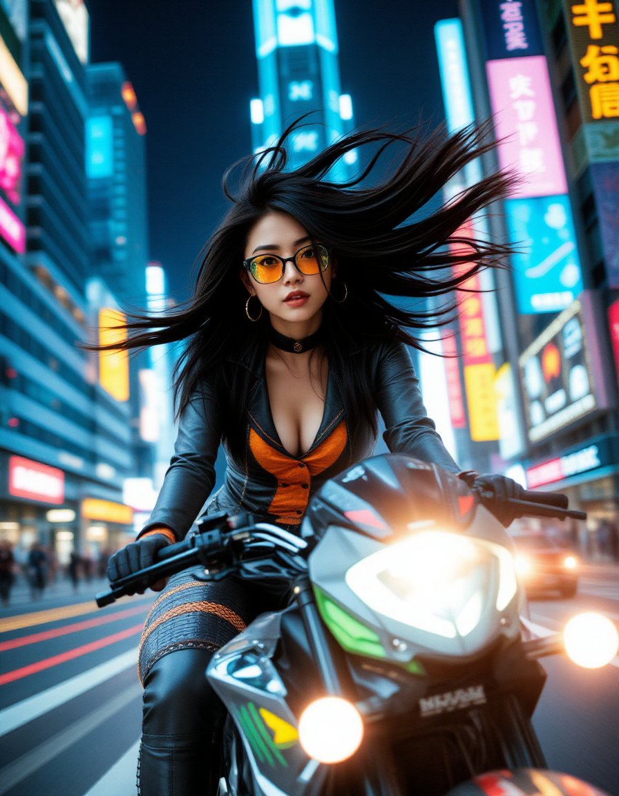 A dynamic scene of a girl riding a motorcycle in a cyberpunk setting, her hair flowing freely in the wind, emphasizing the speed of her ride. almost as if it were floating around her. She wears a sleek, futuristic glasses with a visor that reflects the neon lights of a bustling cityscape. Her outfit is a blend of leather and high-tech materials, featuring vibrant colors and intricate patterns that evoke the gritty yet vibrant atmosphere of a cyberpunk world. The motorcycle itself is a cutting-edge machine, with glowing accents and a streamlined design that suggests speed and power. As she rides through the neon-lit streets, the blurred lights create a dynamic backdrop, enhancing the sense of motion and adrenaline. The night sky above is filled with towering skyscrapers, illuminated by holographic advertisements and vibrant billboards, adding to the immersive cyberpunk environment. The overall mood is energetic and rebellious, capturing the spirit of freedom and adventure in a futuristic urban landscape <lora:hinaFluxAsianMixLora-schnell_v2:0.9>