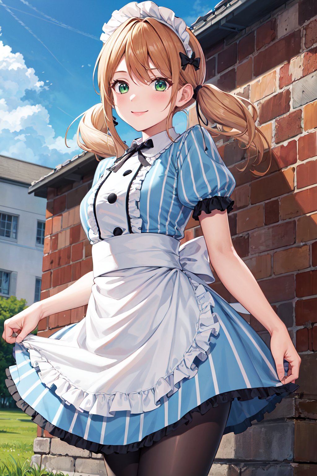 masterpiece, best quality, highres, 1girl, solo, blonde hair, low twintails, maid headdress, hair bow, green eyes, neck ribbon, frills, vertical stripes, blue dress, short sleeves, apron, black pantyhose, <lora:tsukishima_riho_v1:0.7>, standing, cowboy shot, outdoors, smile