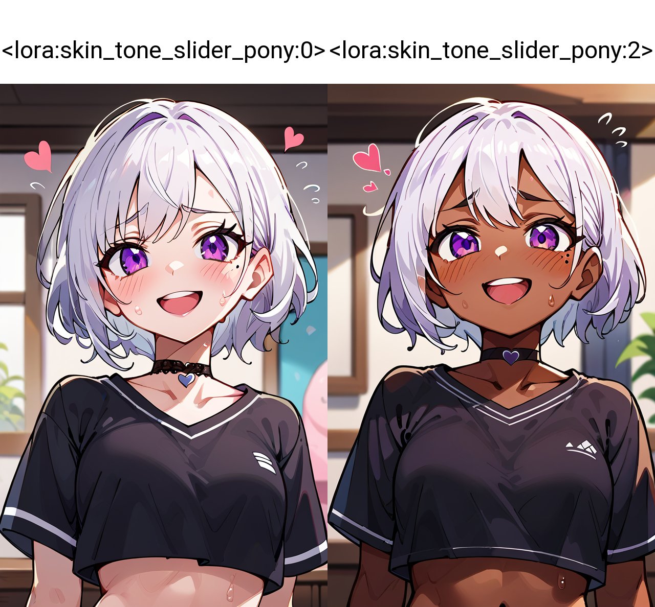 score_9,score_8_up,score_7_up, 1girl,looking at viewer,blush,smile,short hair,open mouth,bangs,shirt,navel,purple eyes,collarbone,upper body,white hair,short sleeves,heart,sweat,teeth,choker,midriff,indoors,stomach,mole,crop top,black shirt,mole under eye,blurry background,upper teeth only,black choker,flying sweatdrops,crop top overhang,cropped shirt  <lora:skin_tone_slider_pony:0>