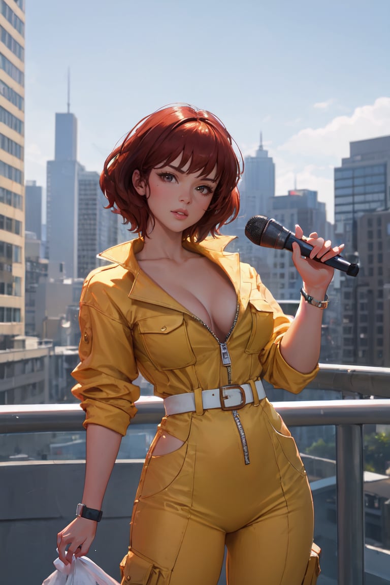 ,  masterpiece, best quality, high quality, highres, outdoors, day,  looking at viewer, solo, focused, BREAK, CARTOON_April_ONeil_TMNT_ownwaifu, 1girl, brown hair, short hair, breasts, brown eyes, large breasts, lips, makeup, collarbone, lipstick, cleavage, sleeves rolled up, yellow jumpsuit, watch, unzipped, zipper, white belt,<lora:CARTOON_April_ONeil_TMNT_ownwaifu:1> 