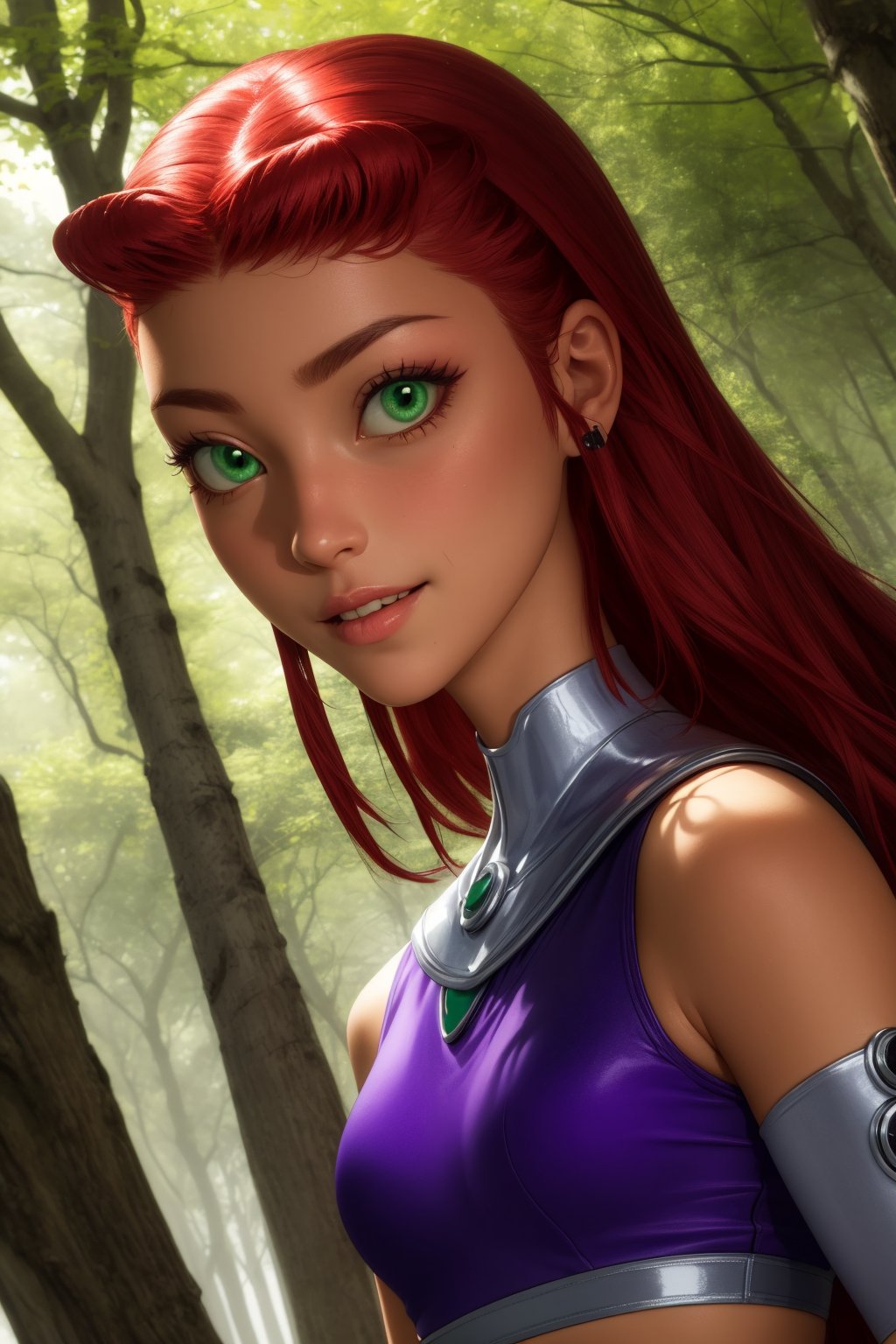 starfire, 1girl, solo, green eyes, long hair, red hair, orange skin, dark skin, dark-skinned female,purple miniskirt, purple crop top, sleeveless, bare shoulders, purple thighhighs, midriff, armlet, gloves, vambraces,smile,closed mouth,cowboy shot,forest,outdoor,(insanely detailed, beautiful detailed face, masterpiece, best quality) cinematic lighting,<lora:Starfire_v3:1>, <lora:more_details:0.3>,