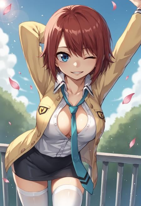 1girl, aqua necktie, arm behind head, arms up, black skirt, blue background, blue eyes, blue sky, blurry, breasts, bush, buttons, cleavage, cloud, collarbone, collared shirt, cowboy shot, day, depth of field, dutch angle, falling petals, glint, hair intakes, half-closed eye, happy, jacket, leaning forward, lens flare, long sleeves, looking at viewer, medium breasts, miniskirt, necktie, one eye closed, open clothes, open jacket, outdoors, parted lips, pencil skirt, petals, railing, red hair, school uniform, shirt, shirt tucked in, short hair, sidelocks, skirt, sky, smile, solo, standing, stretching, teeth, thighhighs, thighs, undone necktie, white shirt, white thighhighs, yellow jacket, zettai ryouiki, blurry   <lora:mashima_hiro xl:1>, score_9, score_8_up, score_7_up, score_6_up, score_5_up, score_4_up, BREAK source_anime, masterpiece