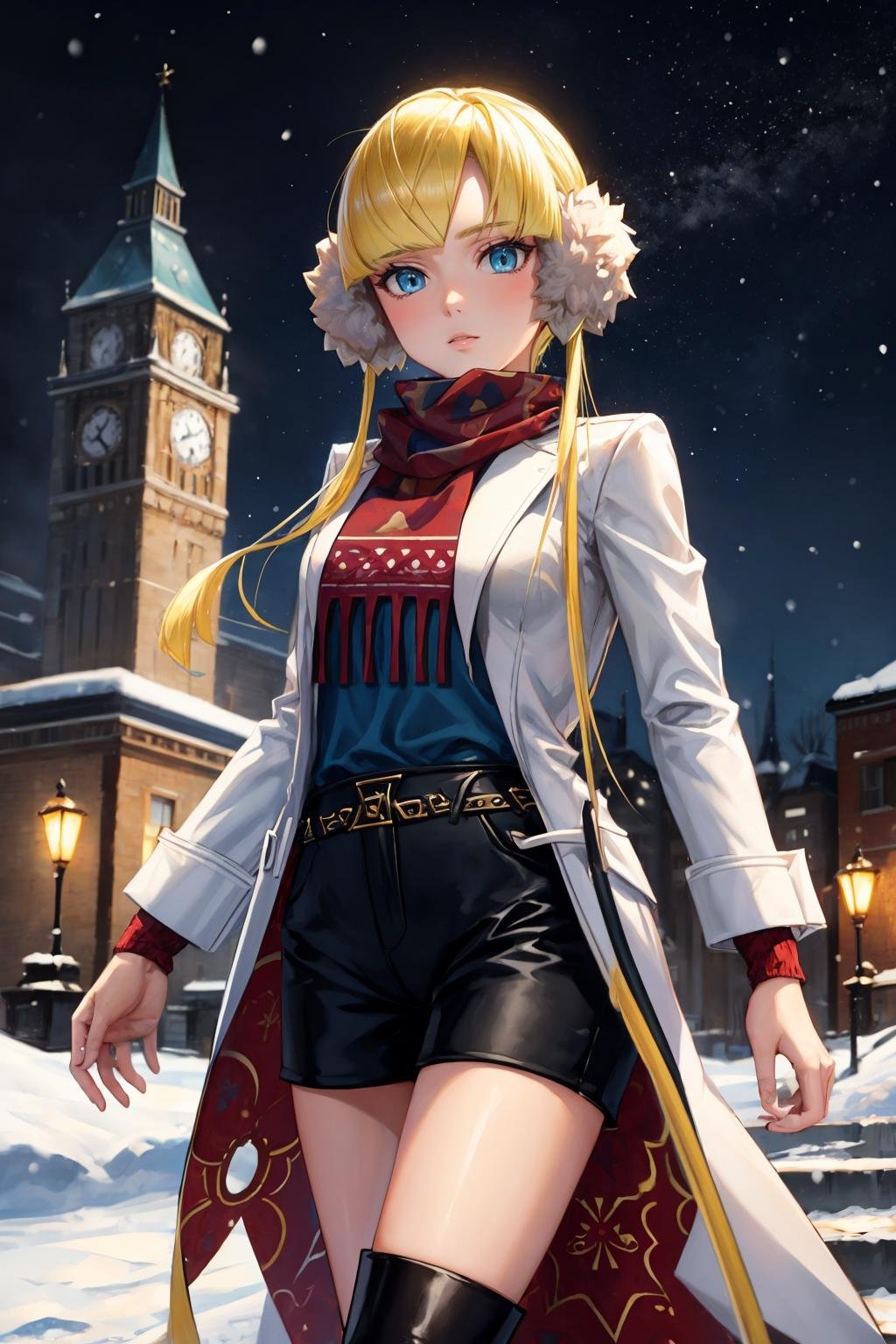 masterpiece, best quality, <lora:elesa-nvwls-v1-000010:0.9> palElesa, blonde hair, earmuffs, twintails, red scarf, white coat, blue shirt, black shorts, cowboy shot, looking at viewer, winter, cityscape, snow, stairs, walking, black boots, night