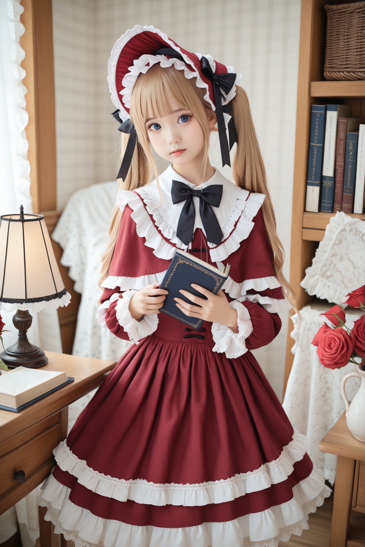 masterpiece,Realism,best quality,loli,1girl,blonde hair,shinku,dress,book,blue eyes,solo,bonnet,bow,holding,flower,lamp,rose,looking at viewer,long hair,red dress,black bow,frills,bowtie,realistic,long sleeves,indoors,frilled dress,cup,lips,lolita fashion,red headwear,capelet,lace trim,twintails,holding book,black bowtie,teacup,open book,lace,red flower,picture frame,standing,closed mouth,hat,painting (object),red rose,lace-trimmed sleeves,blunt bangs,nose,ribbon,head tilt,desk lamp,